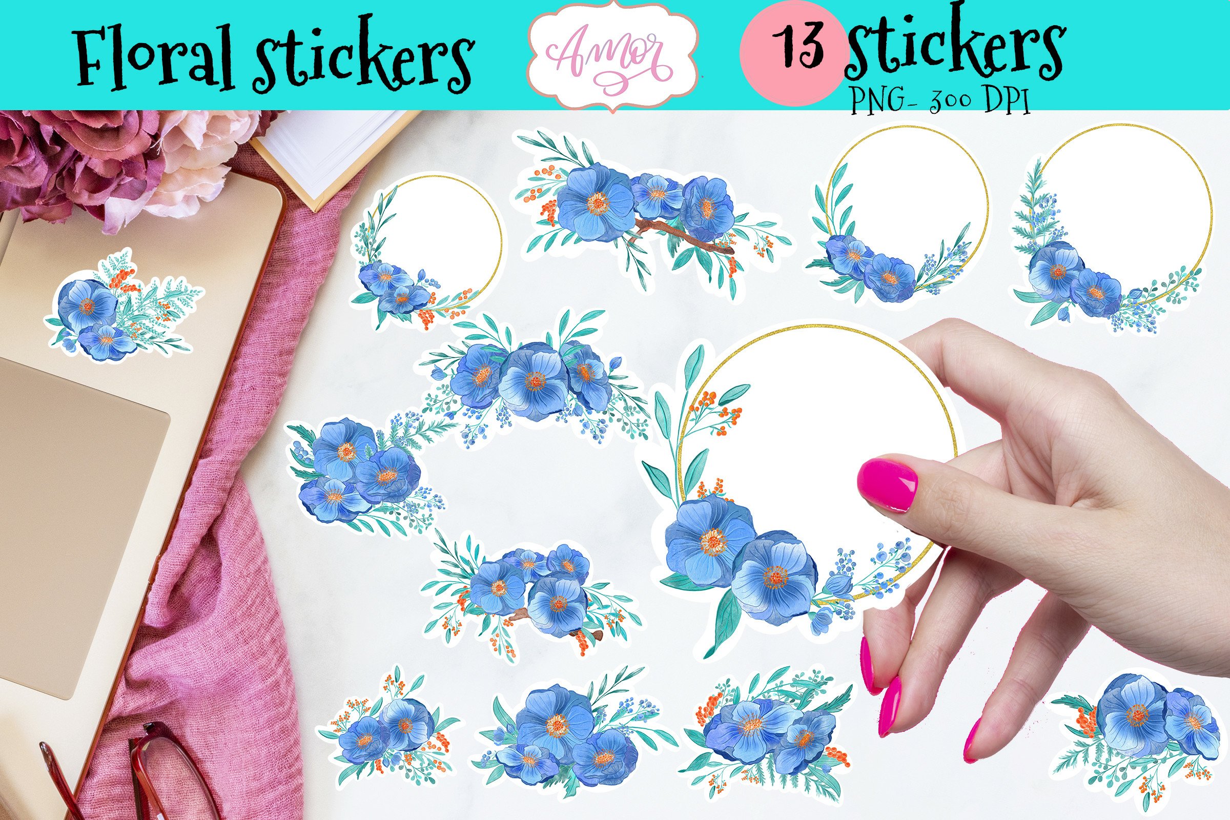 Watercolor floral printable stickers for print then cut 2
