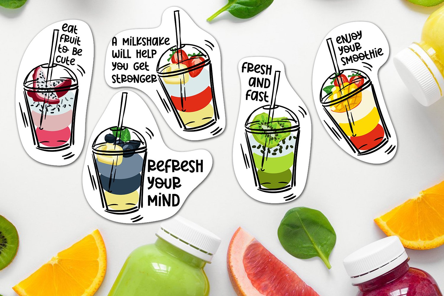 Fruit tarred smoothies with encouraging inscriptions.