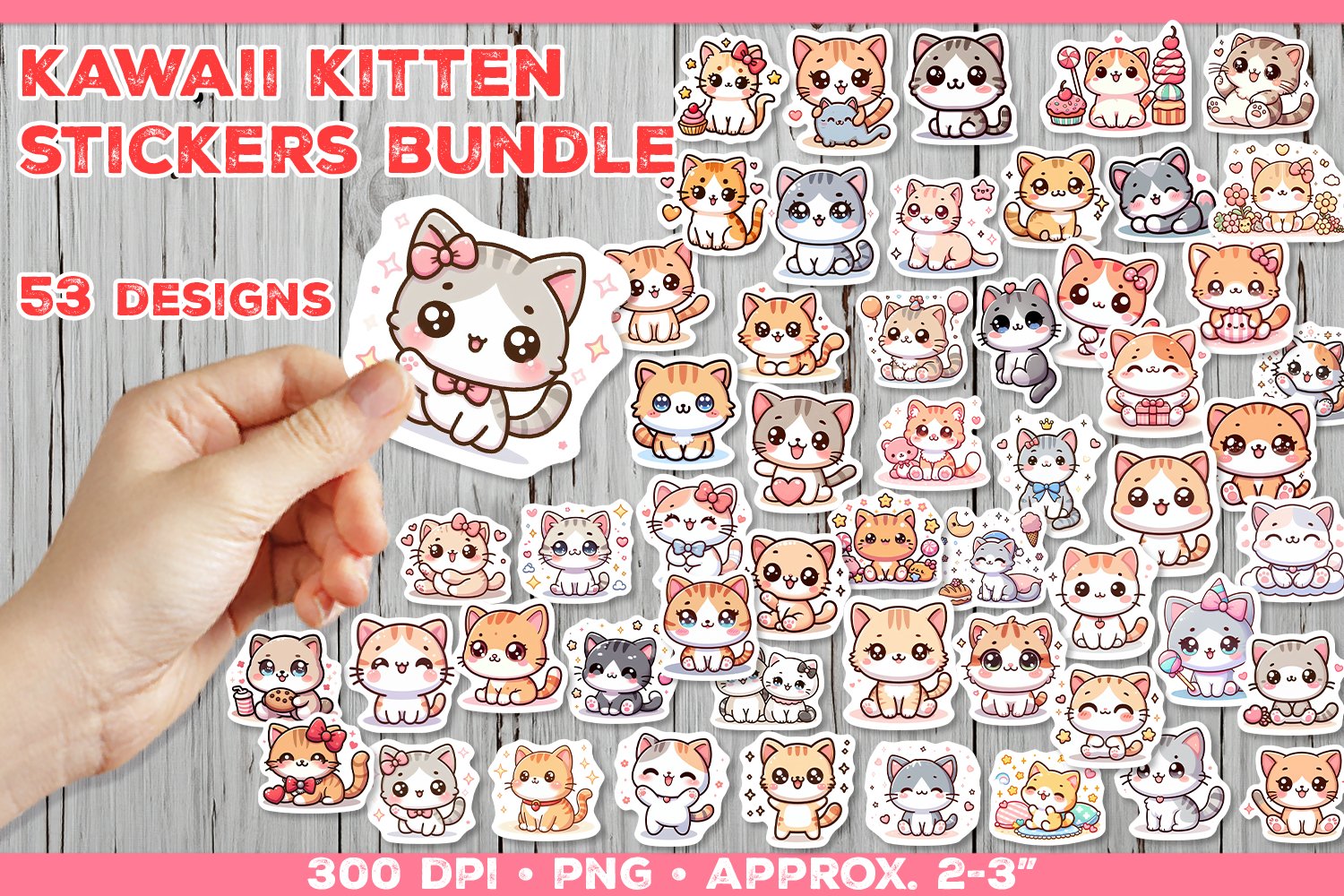 Cute Kitten Sticker Bundle. Adorable Kawaii Cat Stickers PNG