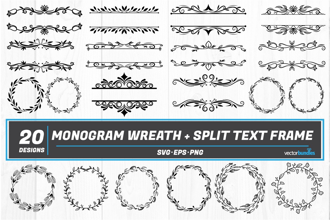 Monogram svg wreath and split text floral frame bundle