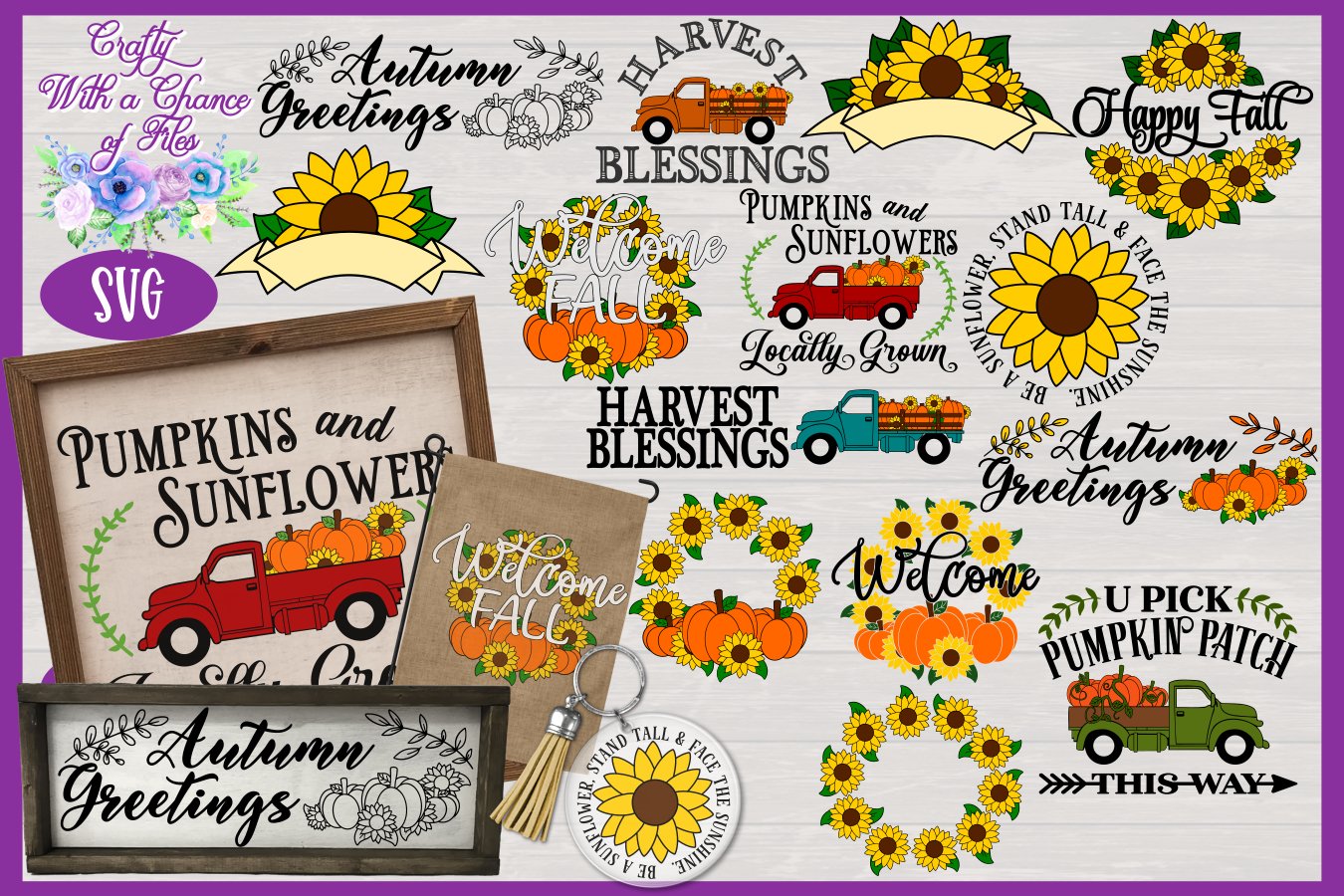 Fall Sign SVG Bundle with Pumpkins   Sunflowers for Signs