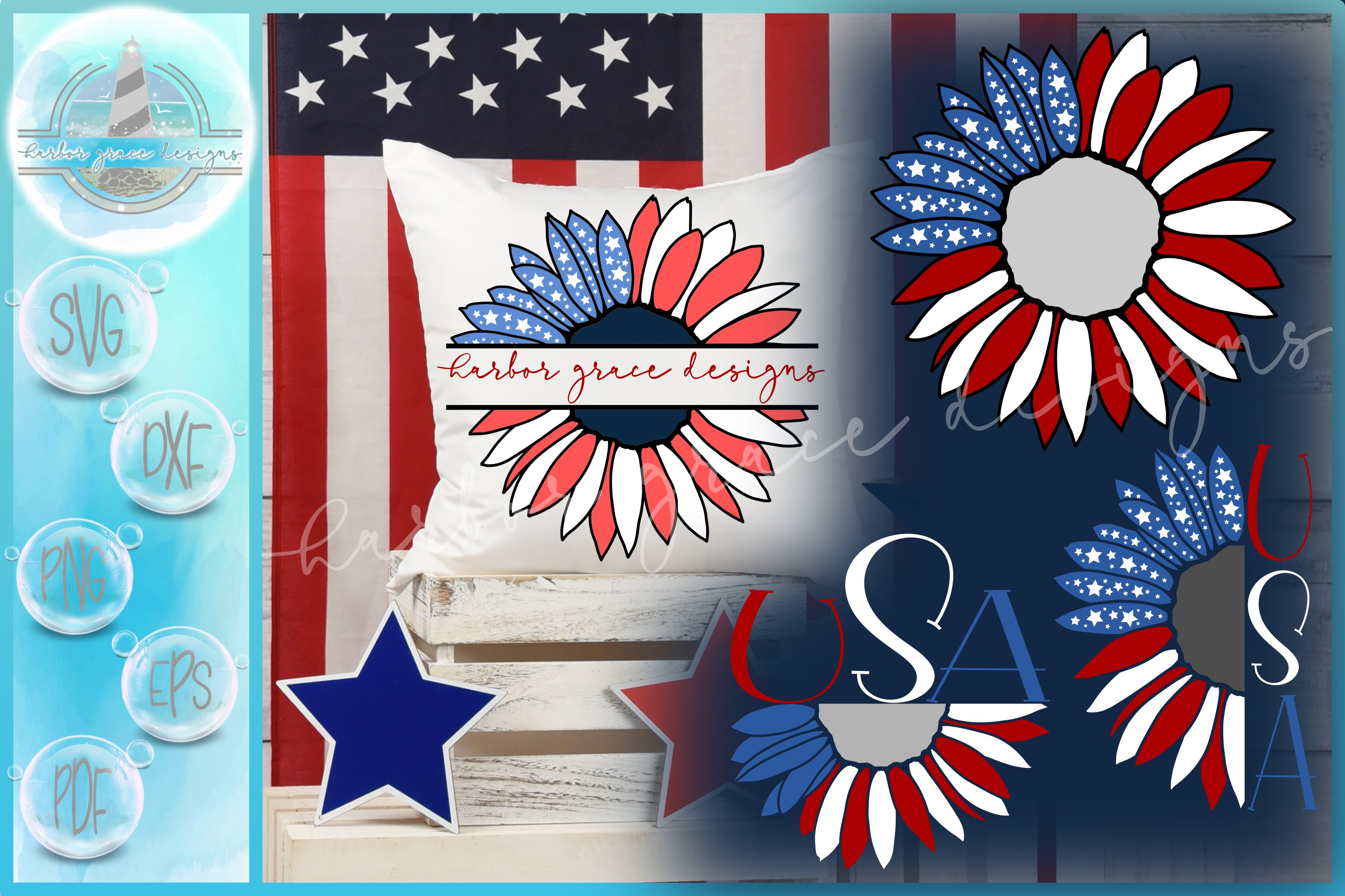 USA American Flag Sunflower Monogram |Split Frame | Half SVG