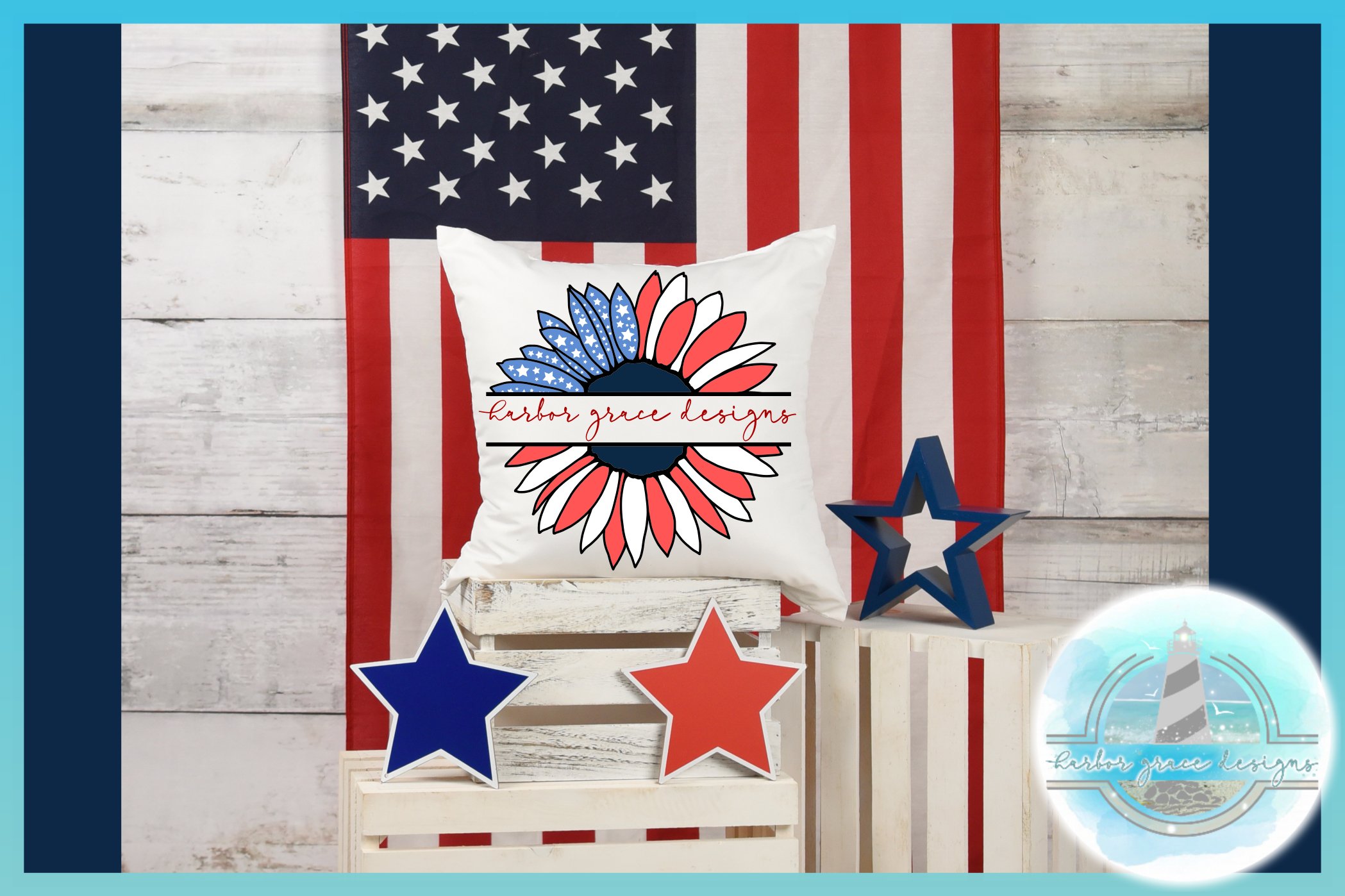 USA American Flag Sunflower Monogram |Split Frame | Half SVG 2