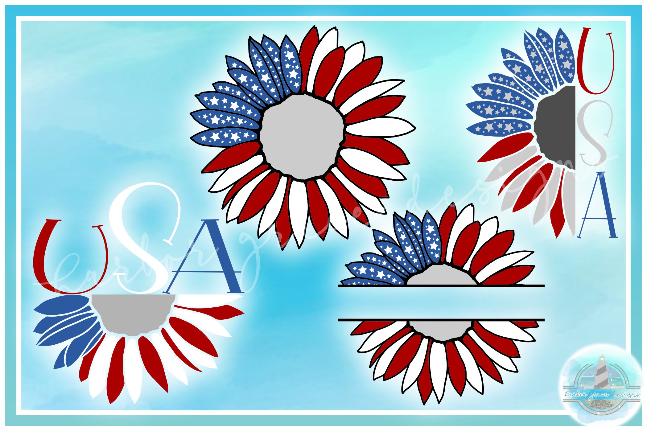 USA American Flag Sunflower Monogram |Split Frame | Half SVG 3