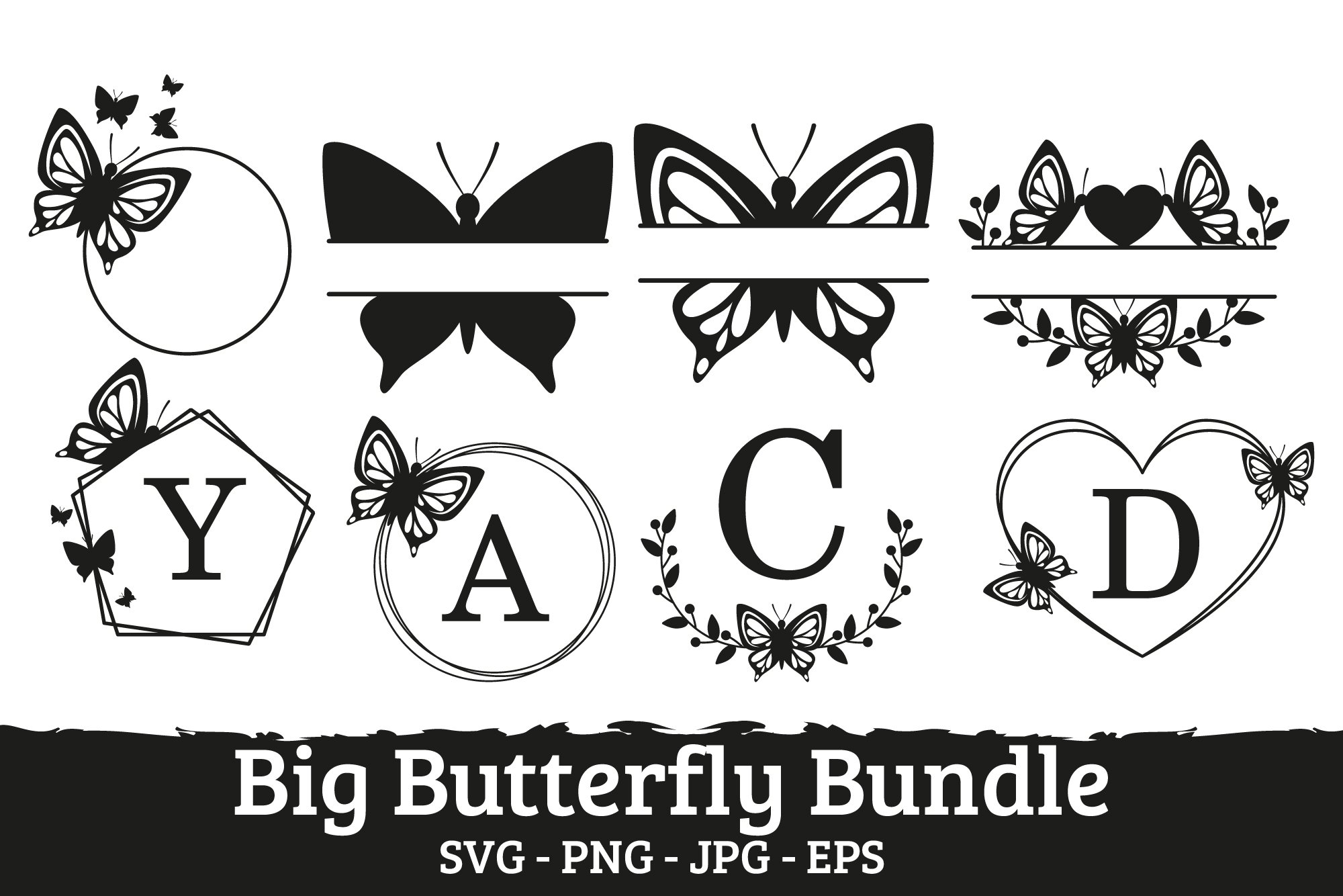 Big butterfly bundle, monograms, floral ABC, butterfly frame