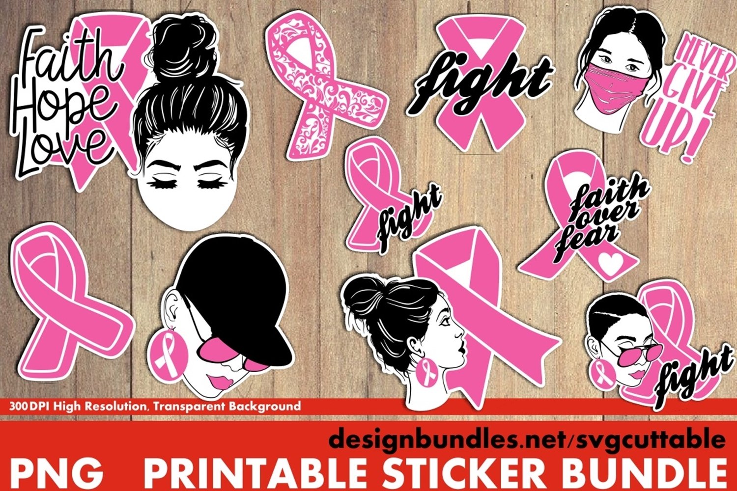 Cancer Breast Stickers Bundle, Printable Sticker, Fight Png