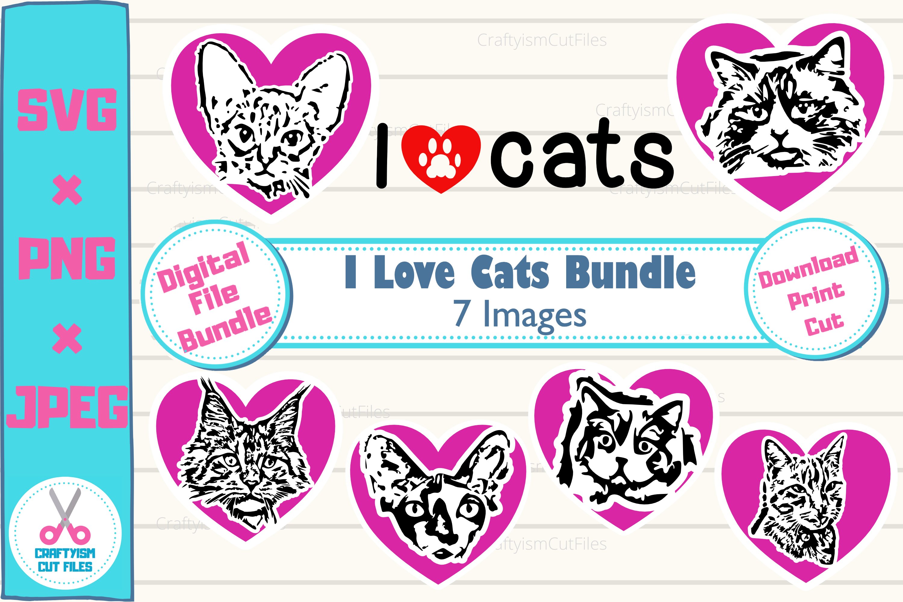 I Love Cats 7 Heart Portraits Clipart SVG Cut File Bundle