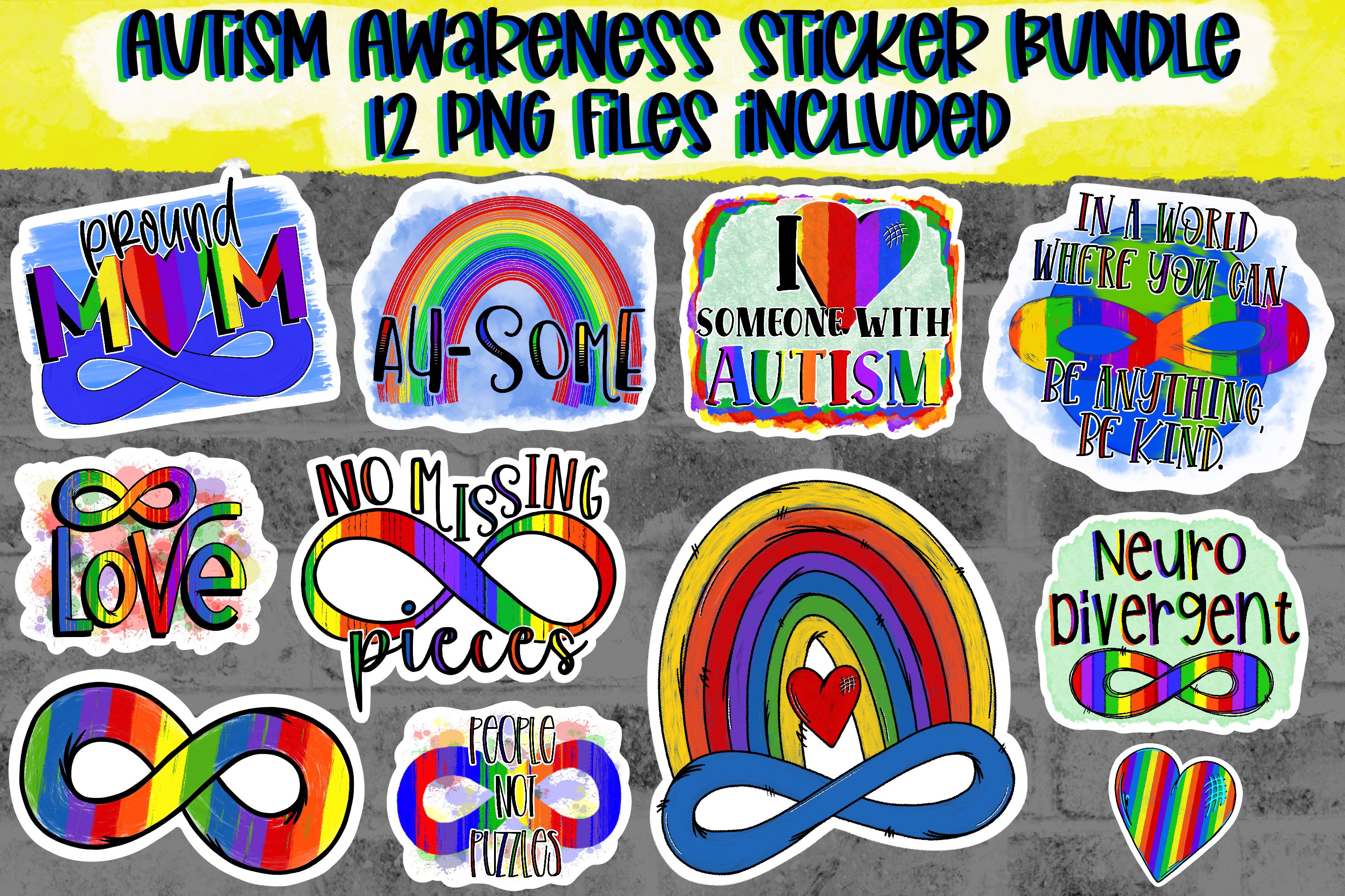 Autism Awareness Sticker Design Bundle|10 png files|Rainbow