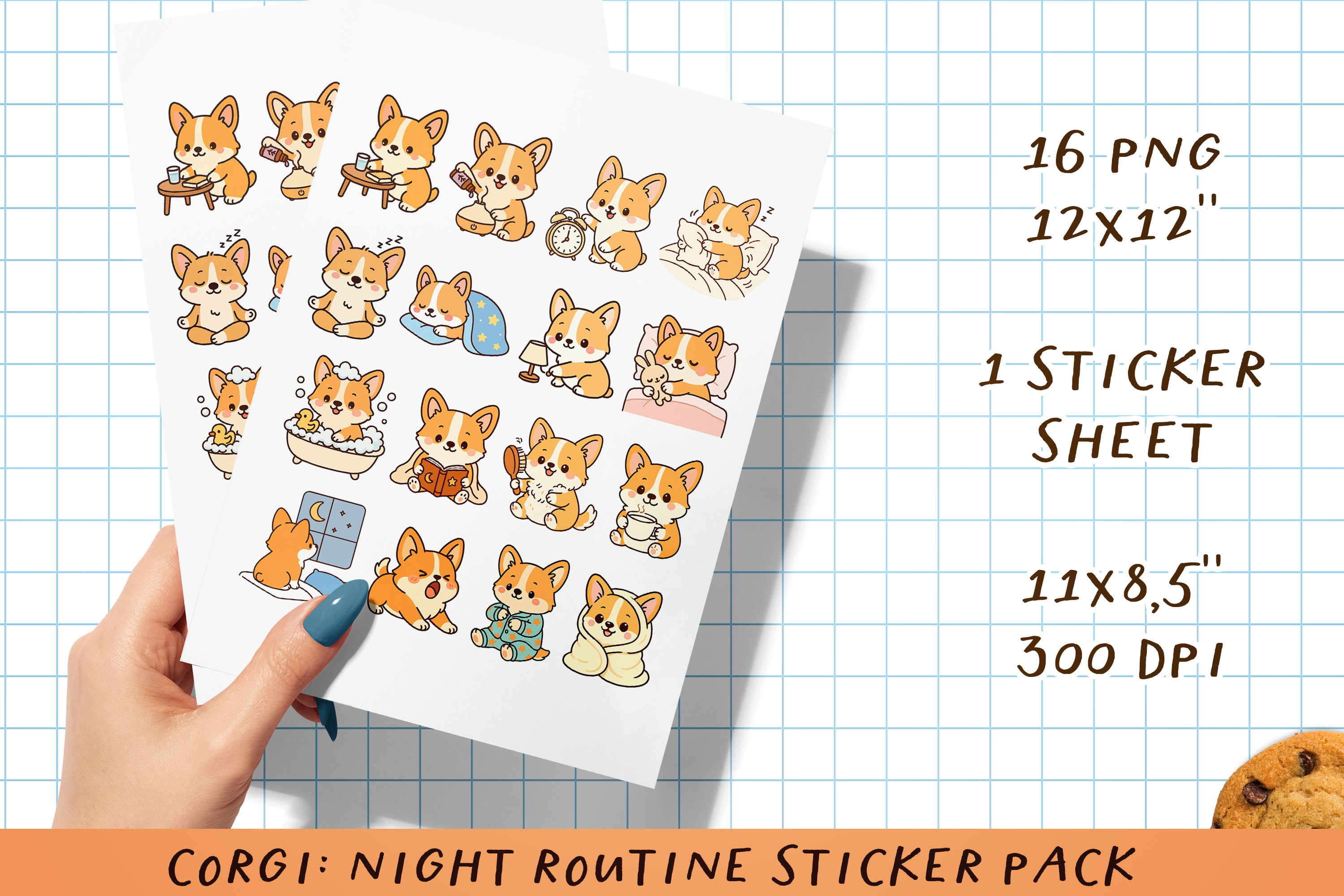 Corgi Night Routine Printable Sticker Pack. PNG.