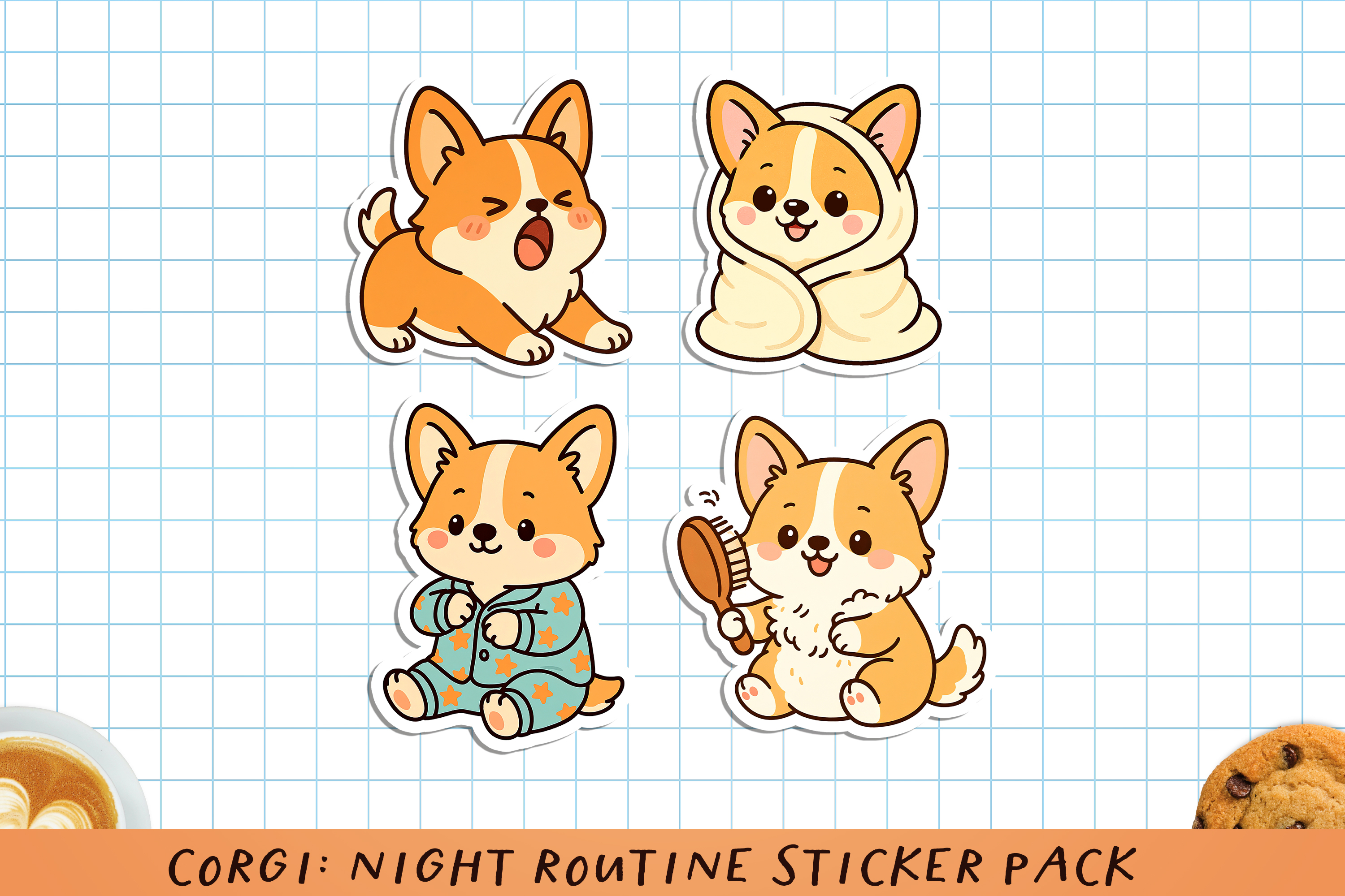 Corgi Night Routine Printable Sticker Pack. PNG. 2