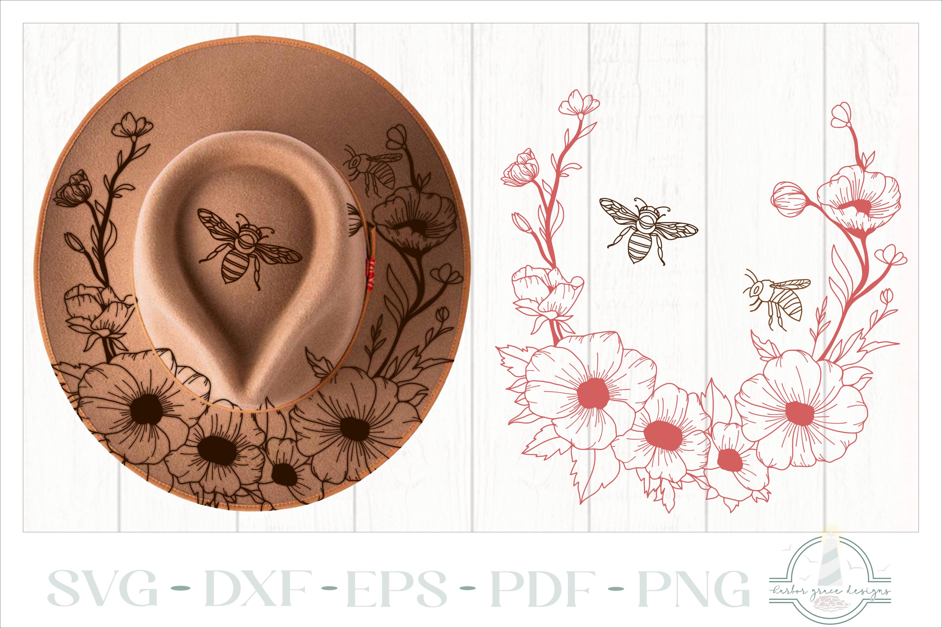 Poppies and Bees Hat Burning Design - For Pyrography