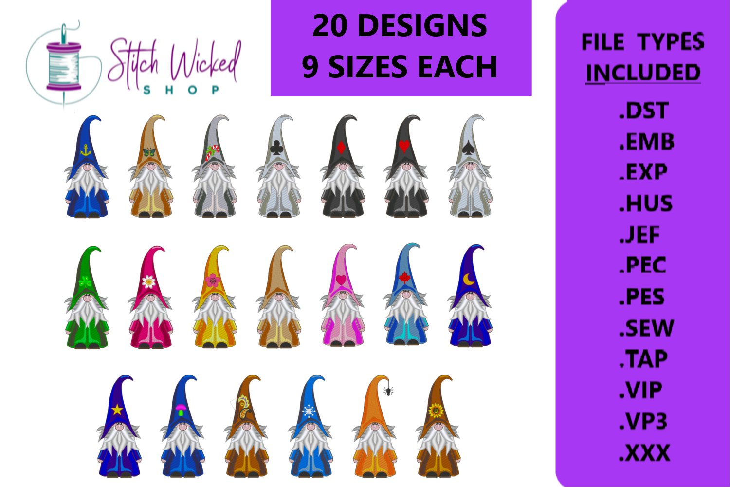 Gnome Machine Embroidery Design Bundle, 20 Designs, 9 Sizes