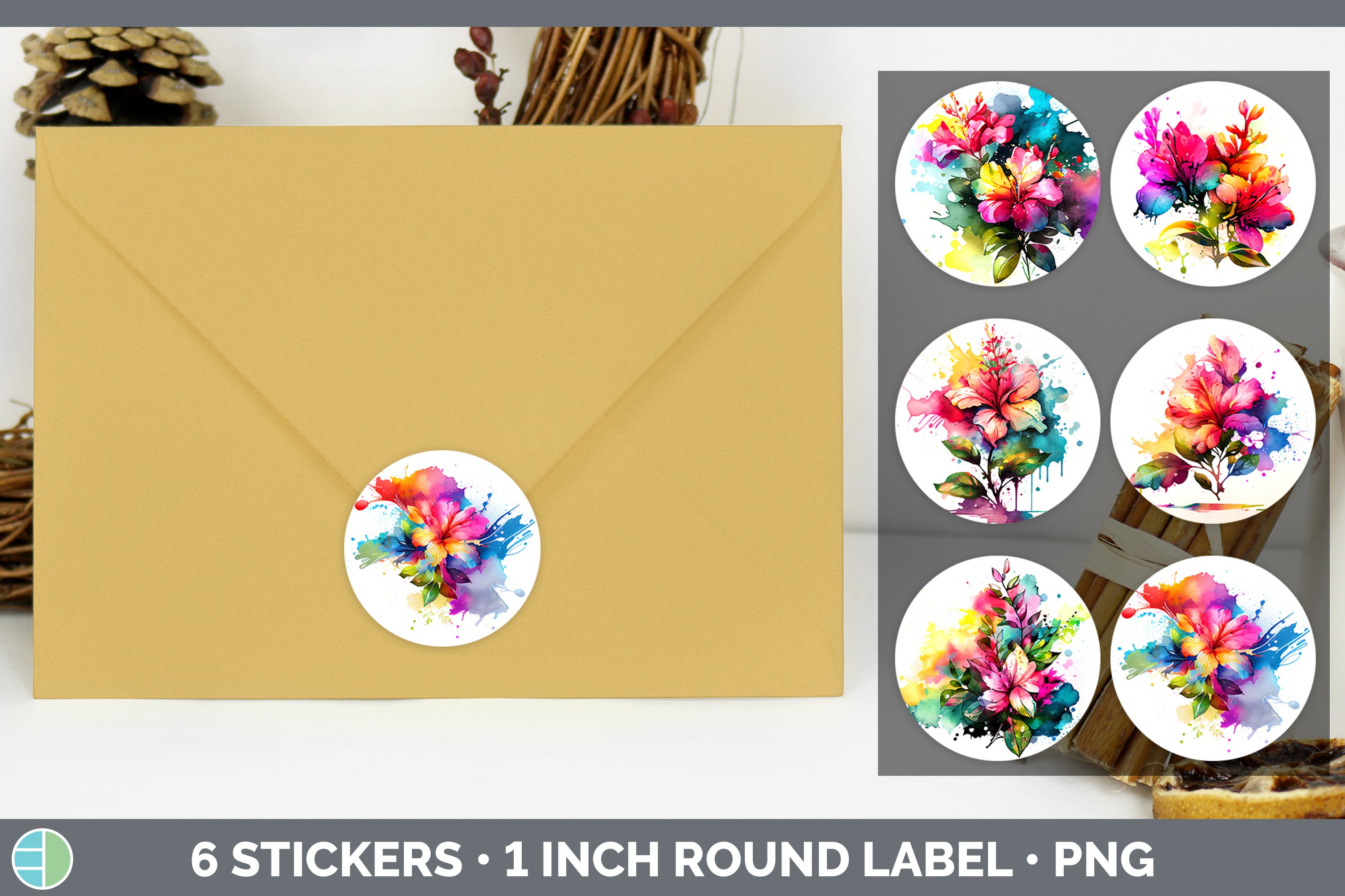 Rainbow Azalea Flowers Stickers | Round Labels Design Bundle