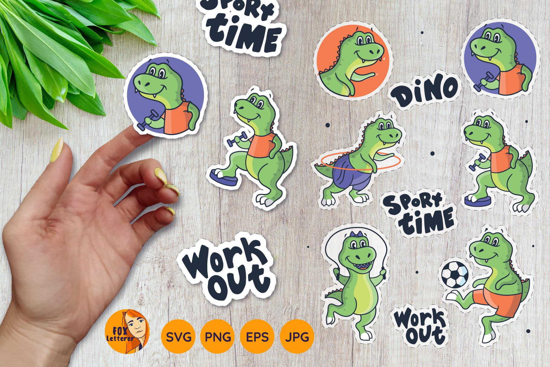 Dino clipart. Printable stickers. Sports bundle