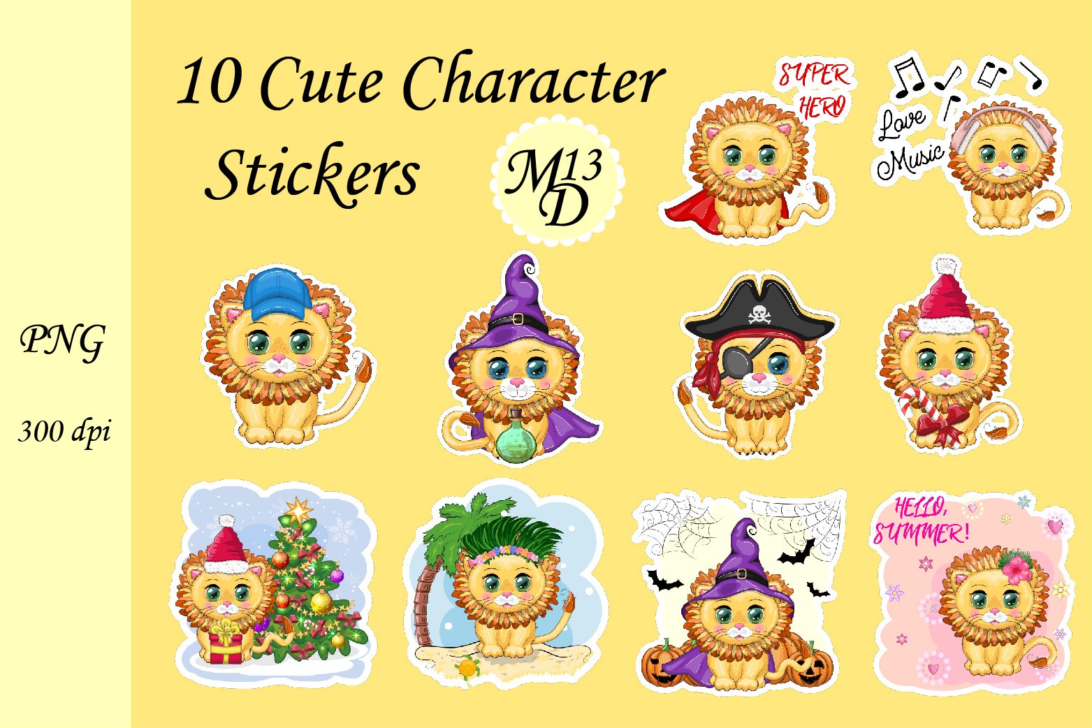 Cute lion 10 stickers png design