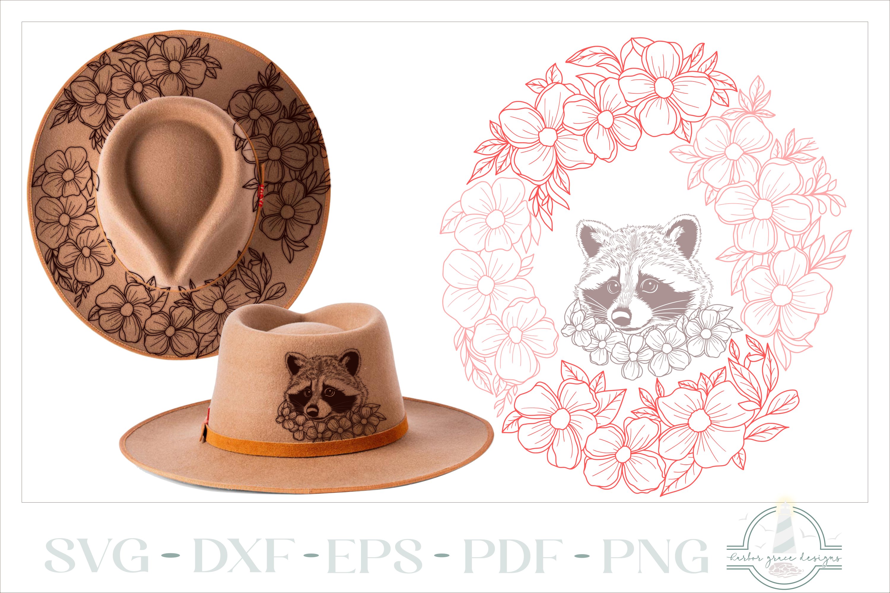 Raccoon and Flowers Hat Burning Design - For Pyrography