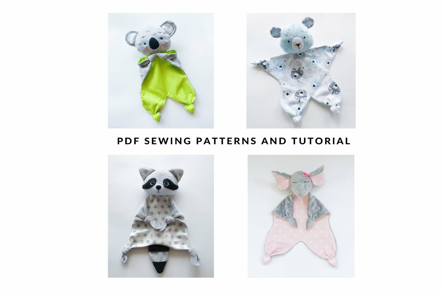 Set of 4 sewing patterns: Koala, Bear, Raccoon,Elephant