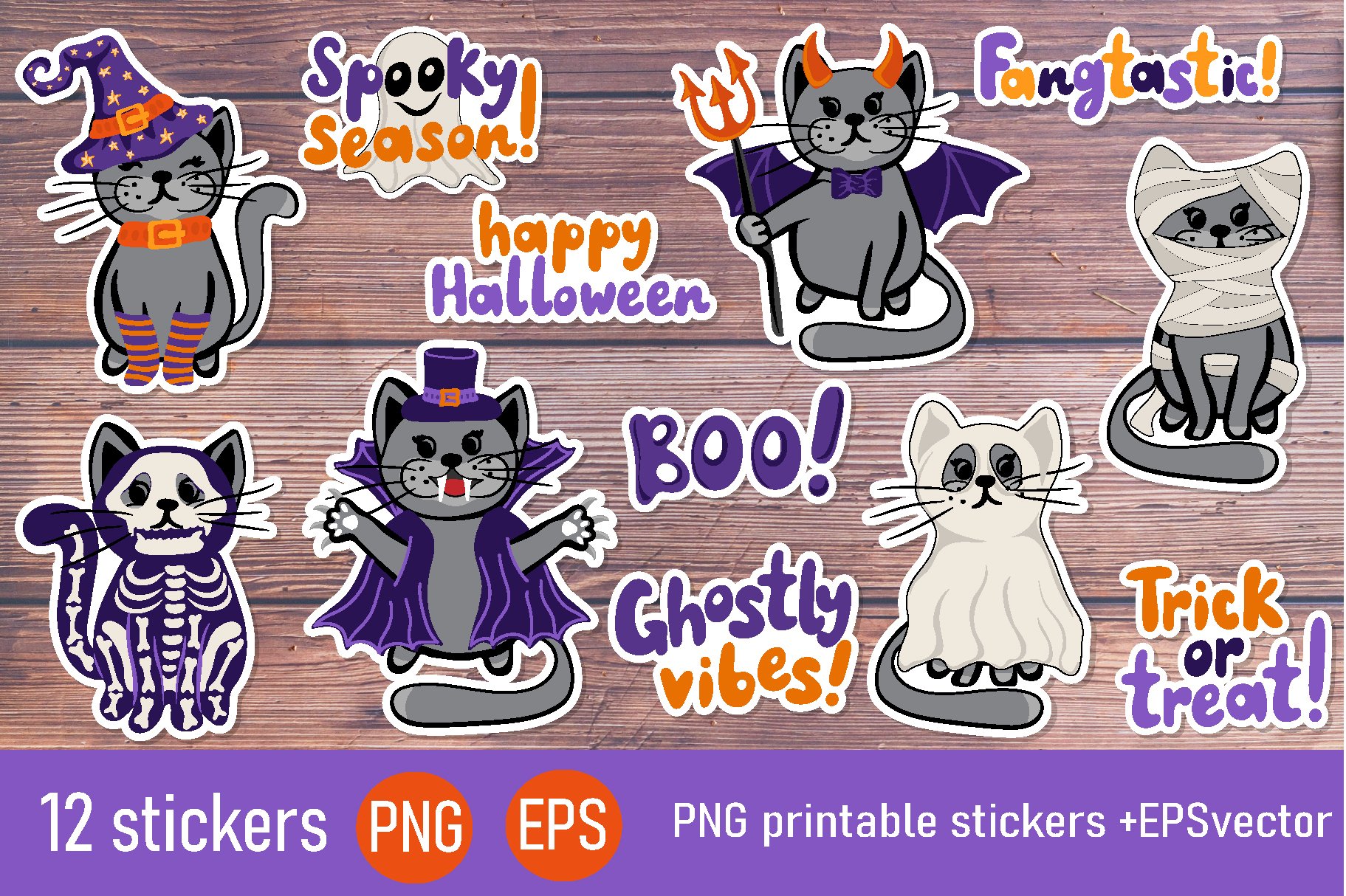 Halloween cats stickers bundle|12 stickers printable png