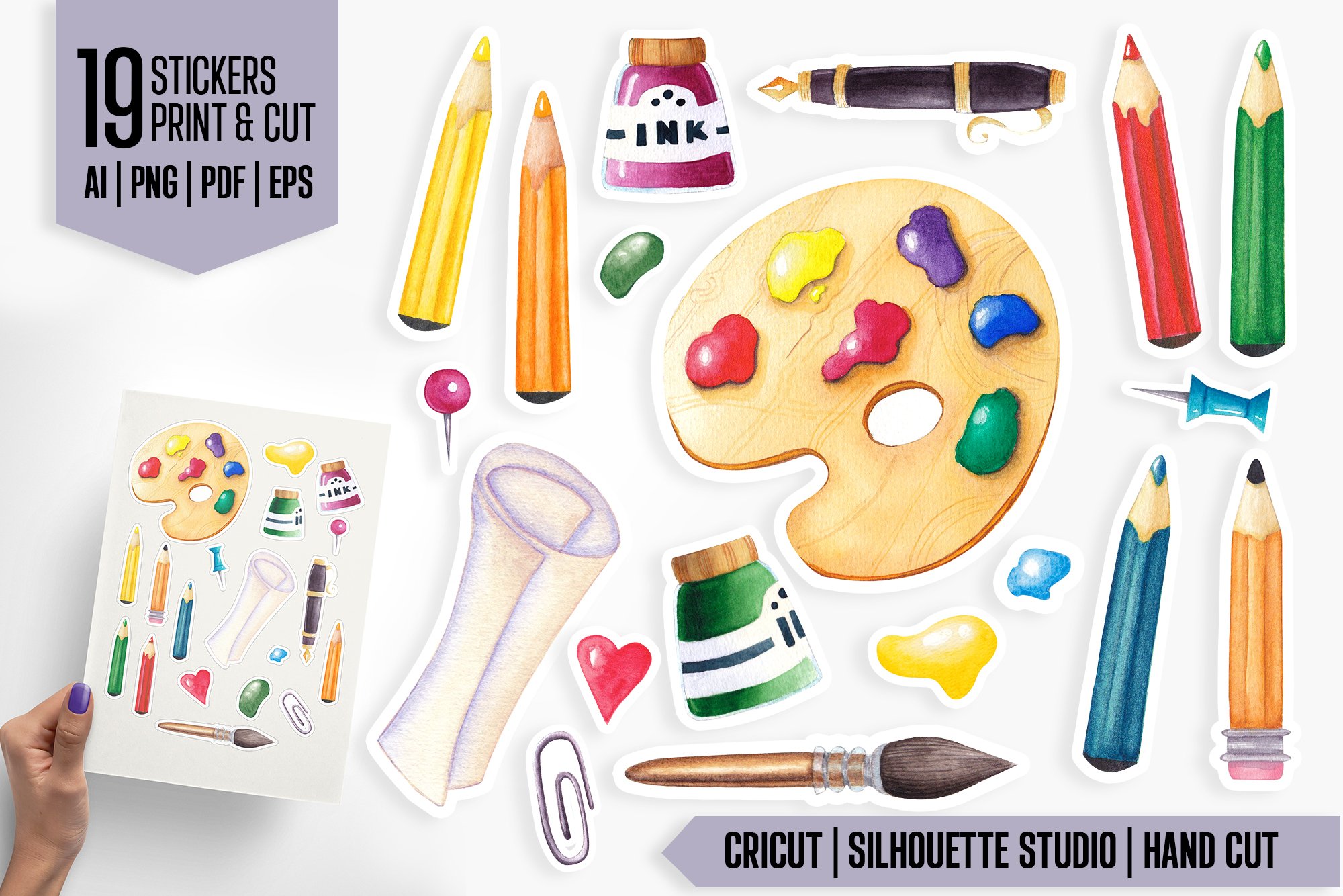 Watercolor stationery Planner Sticker Bundle Print and Cut