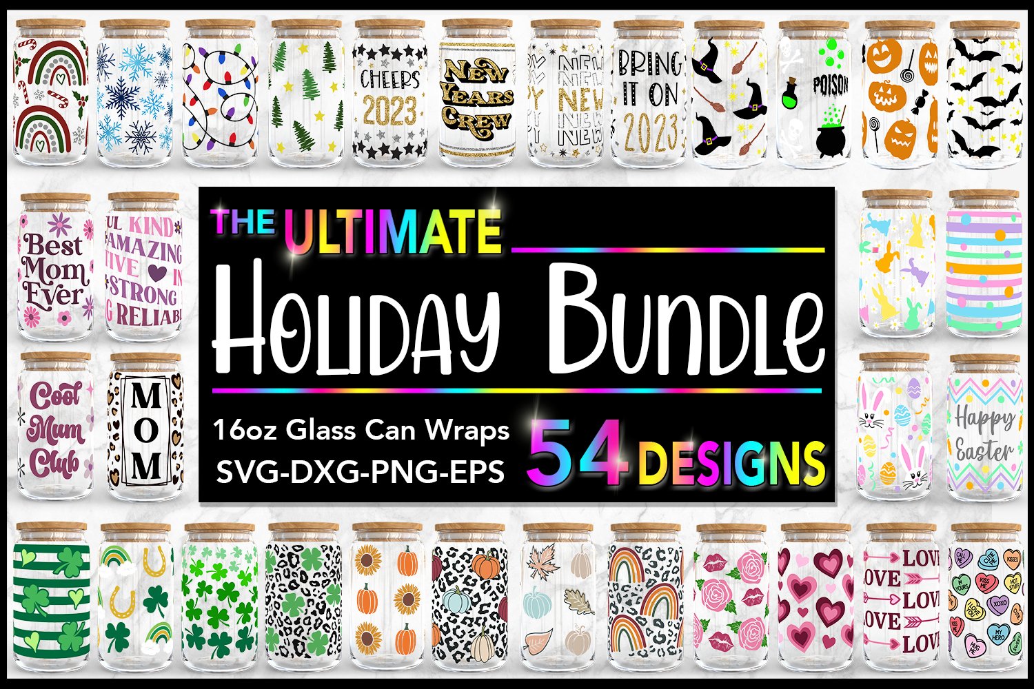 Glass Can Holiday SVG Bundle | 16oz Can Glass Wraps