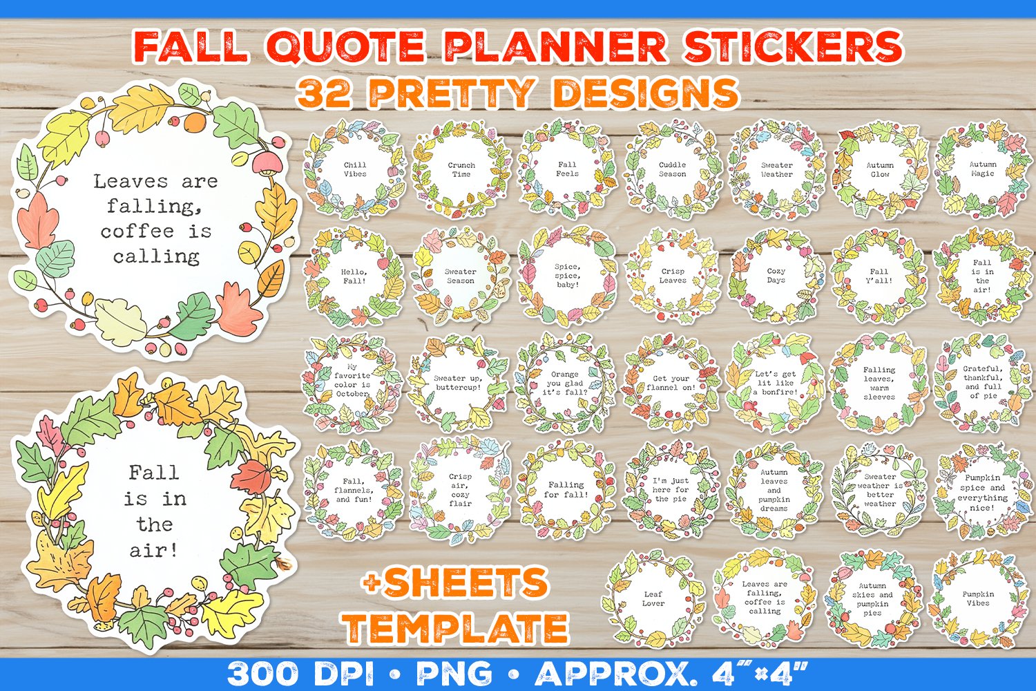Vintage Autumn Leaves Wreath Stickers with Fall Quote Bundle