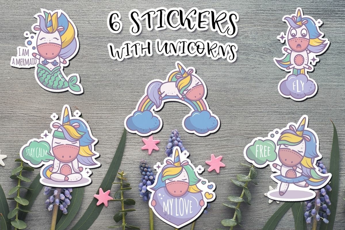 6 funny magical unicorn stickers bundle