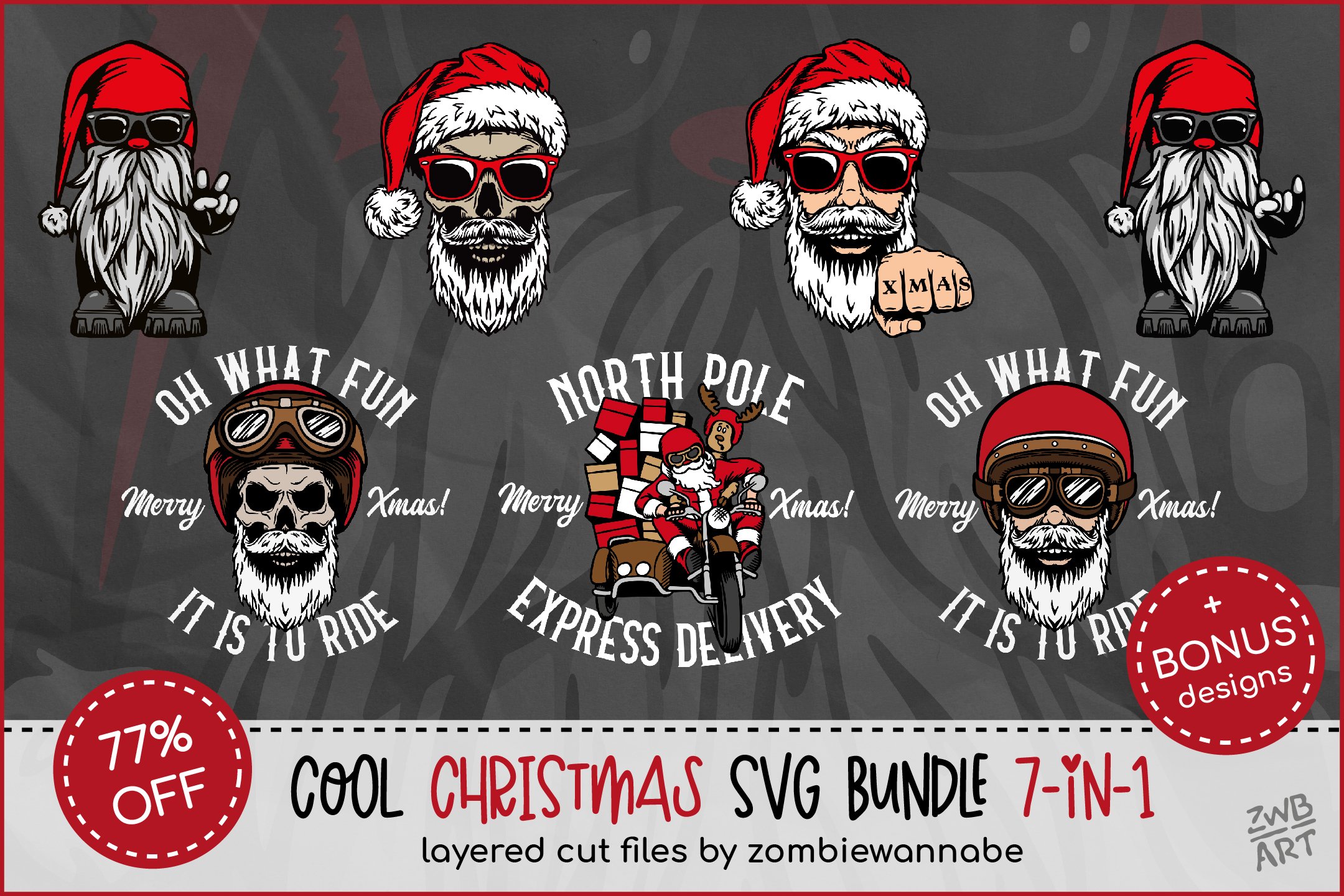Cool Christmas Bundle for Crafters - Bikers, Gnomes Skulls