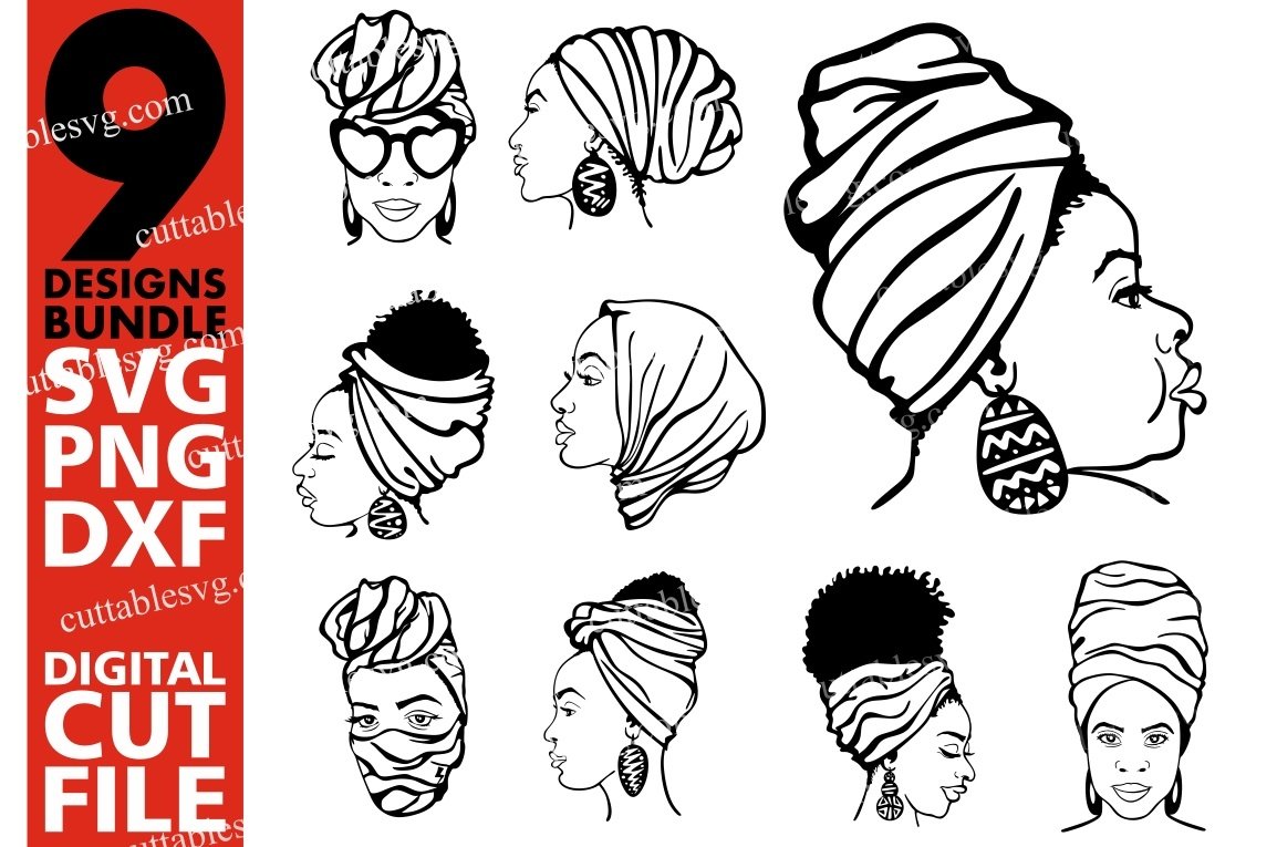 9x Afro Woman In Headband Designs Bundle svg, Silhouettes
