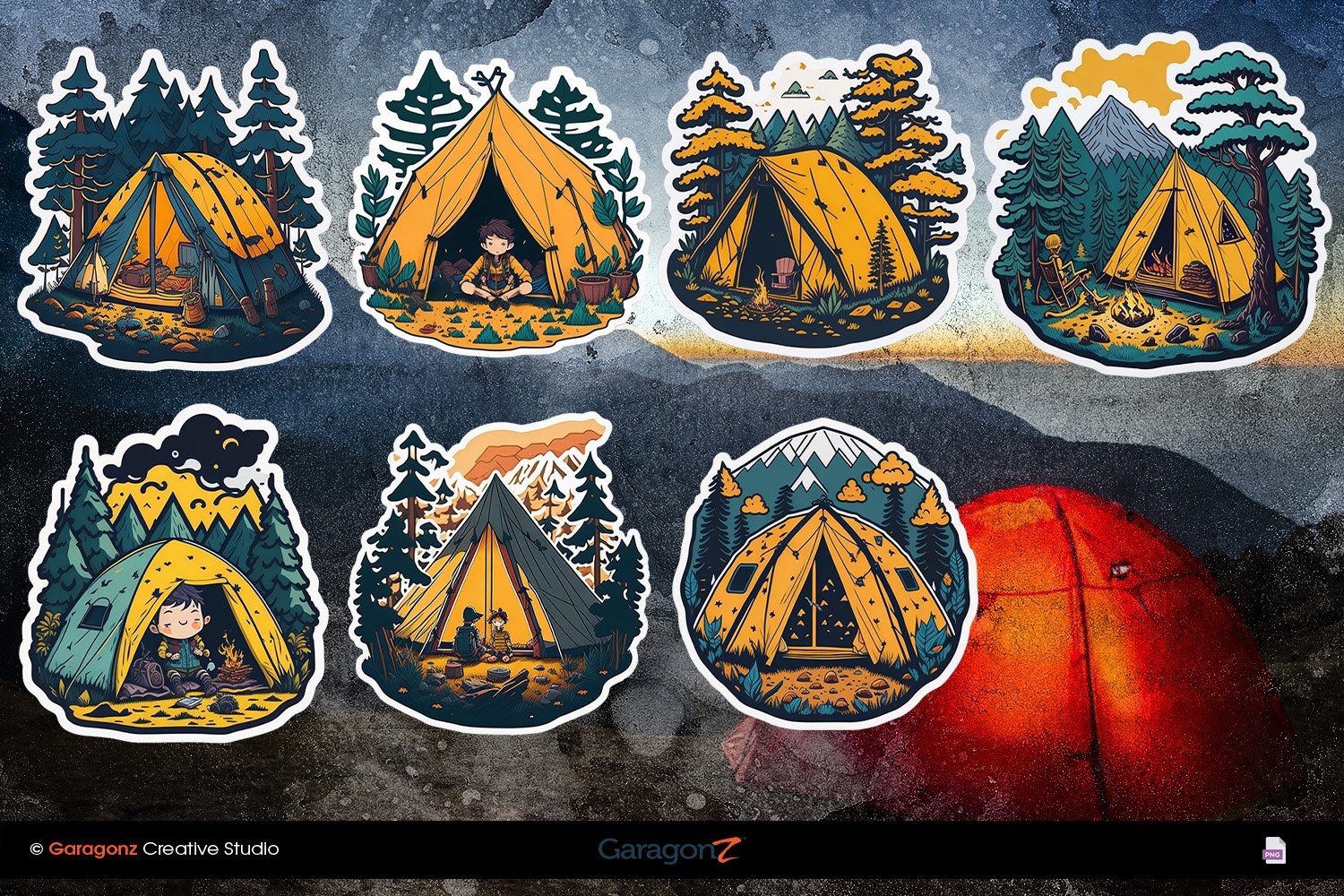 7 cute camper stickers with transparent backgrounds