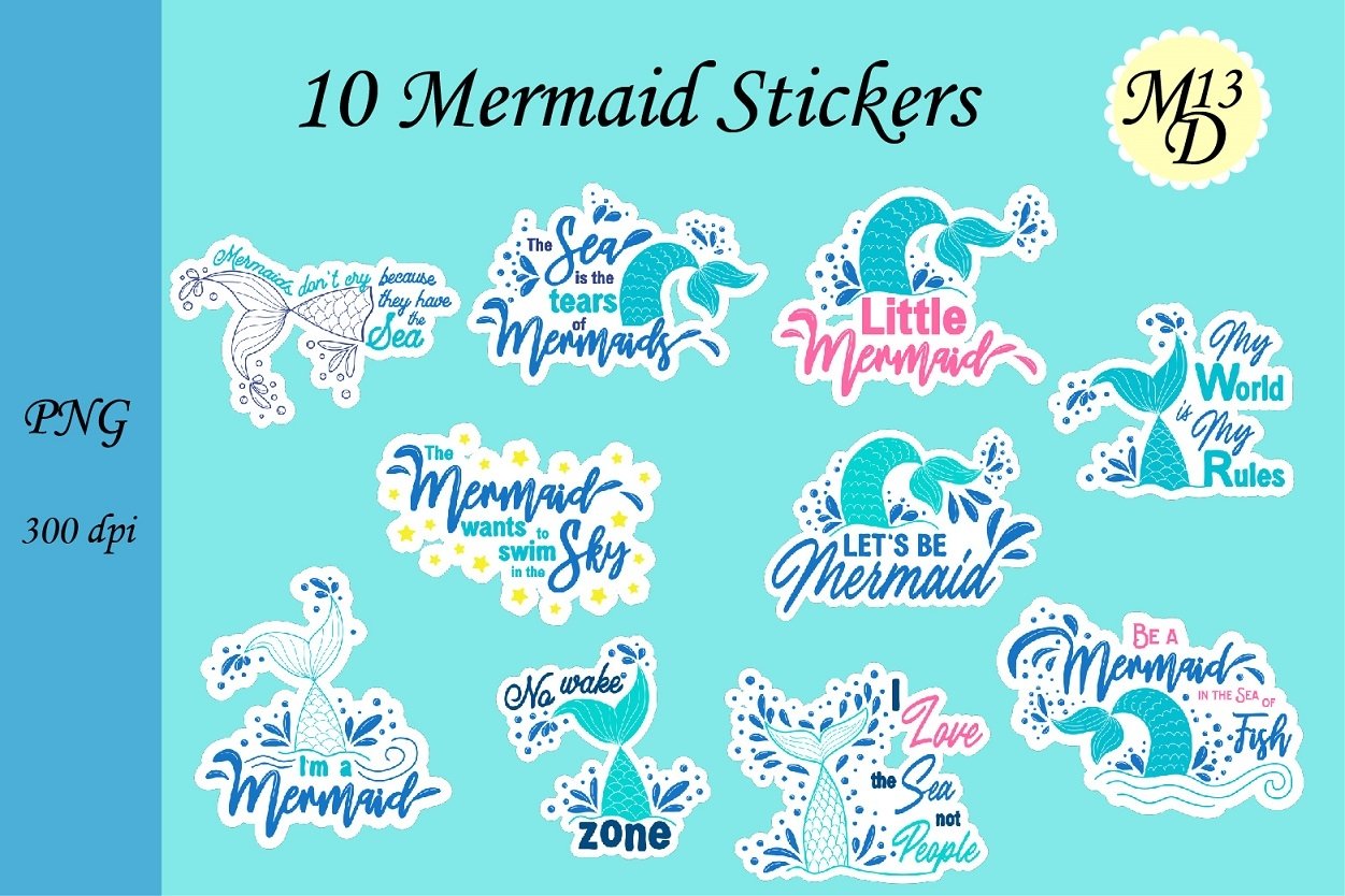10 Mermaid Lettering Stickers png design