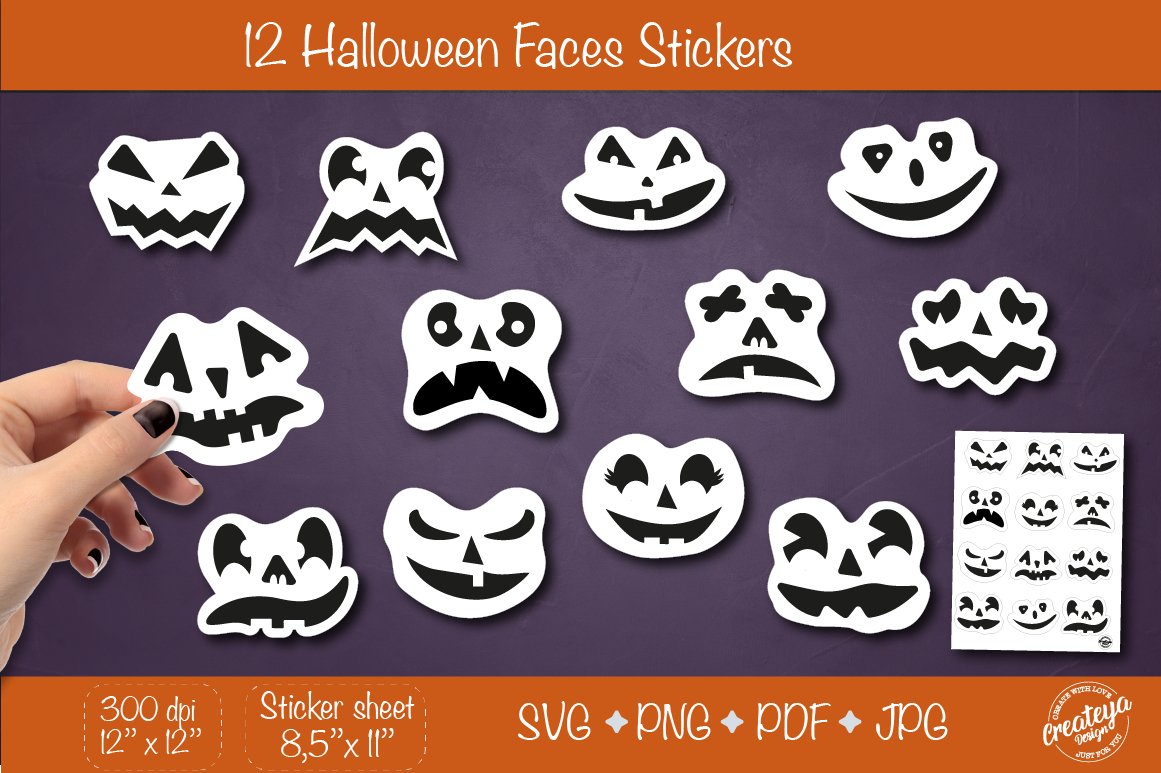 Halloween stickers PNG. Sticker Pack PNG. Faces stickers svg