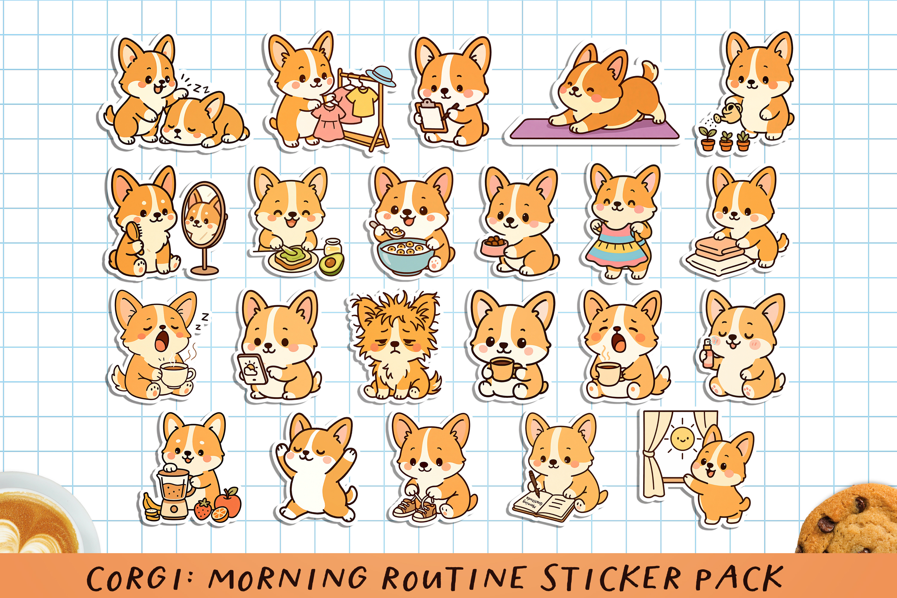 Corgi Morning Routine Printable Stickers. PNG.