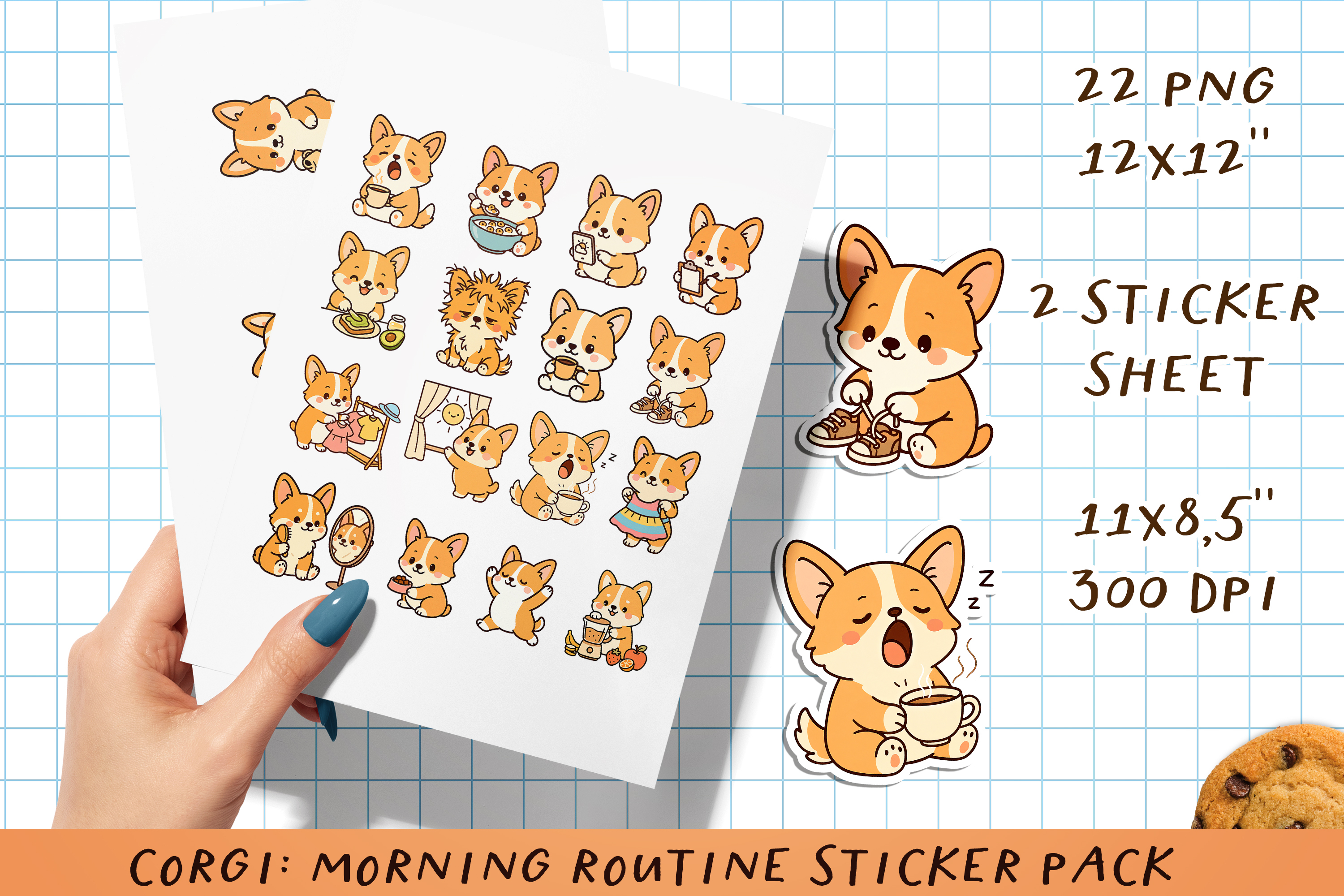Corgi Morning Routine Printable Stickers. PNG. 2