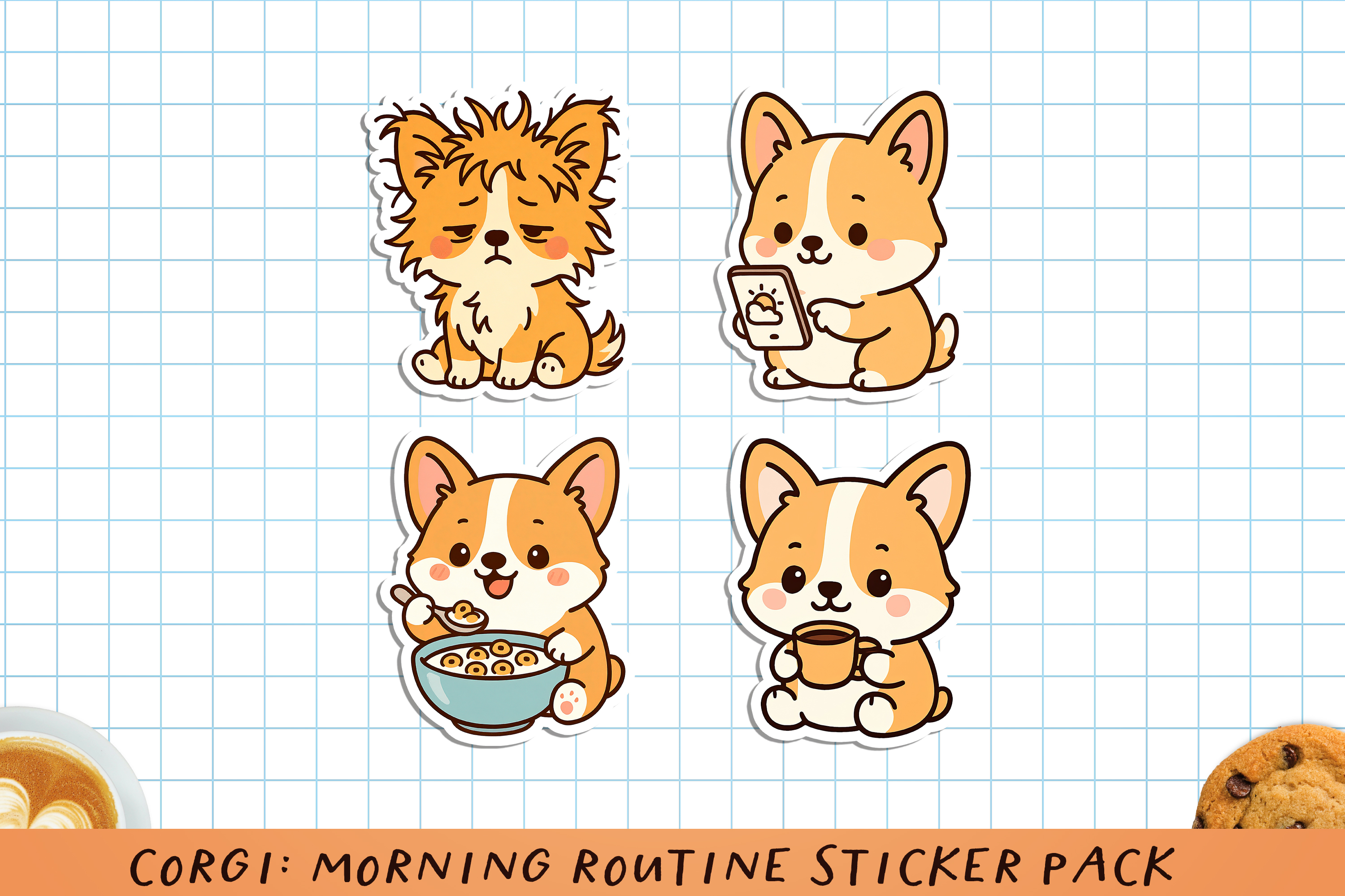 Corgi Morning Routine Printable Stickers. PNG. 3