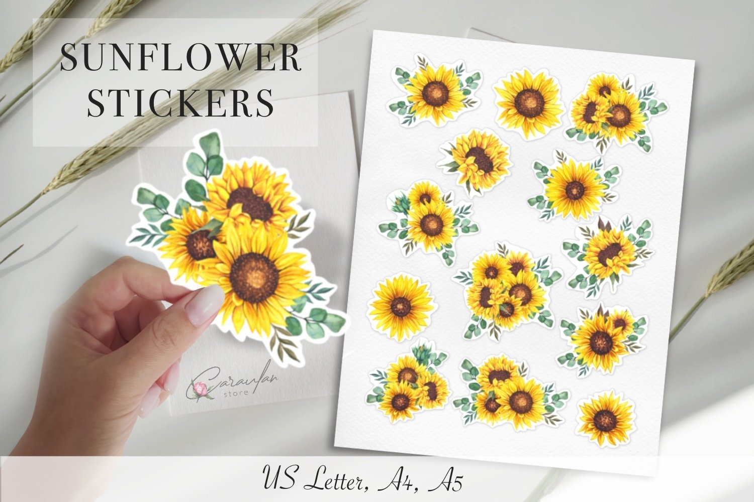 Sunflower Stickers Watercolor, Printable Stickers JPG, PNG