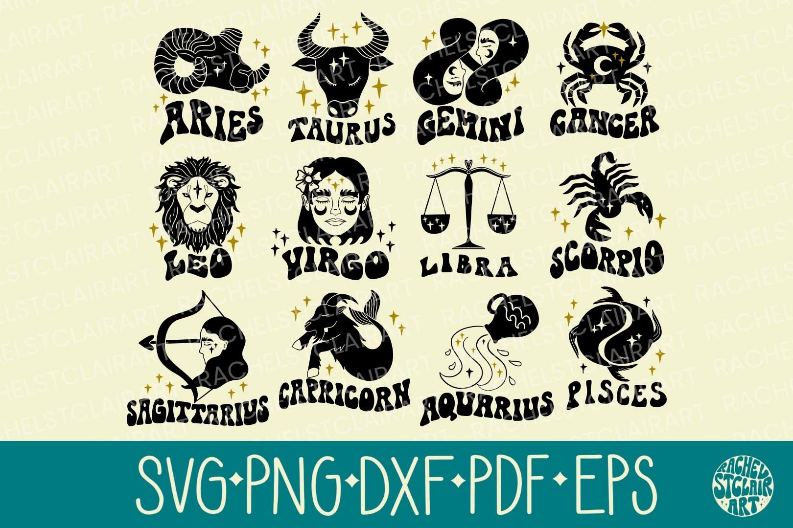 Groovy Retro Zodiac Sign SVG Bundle, Horoscope, Astrology