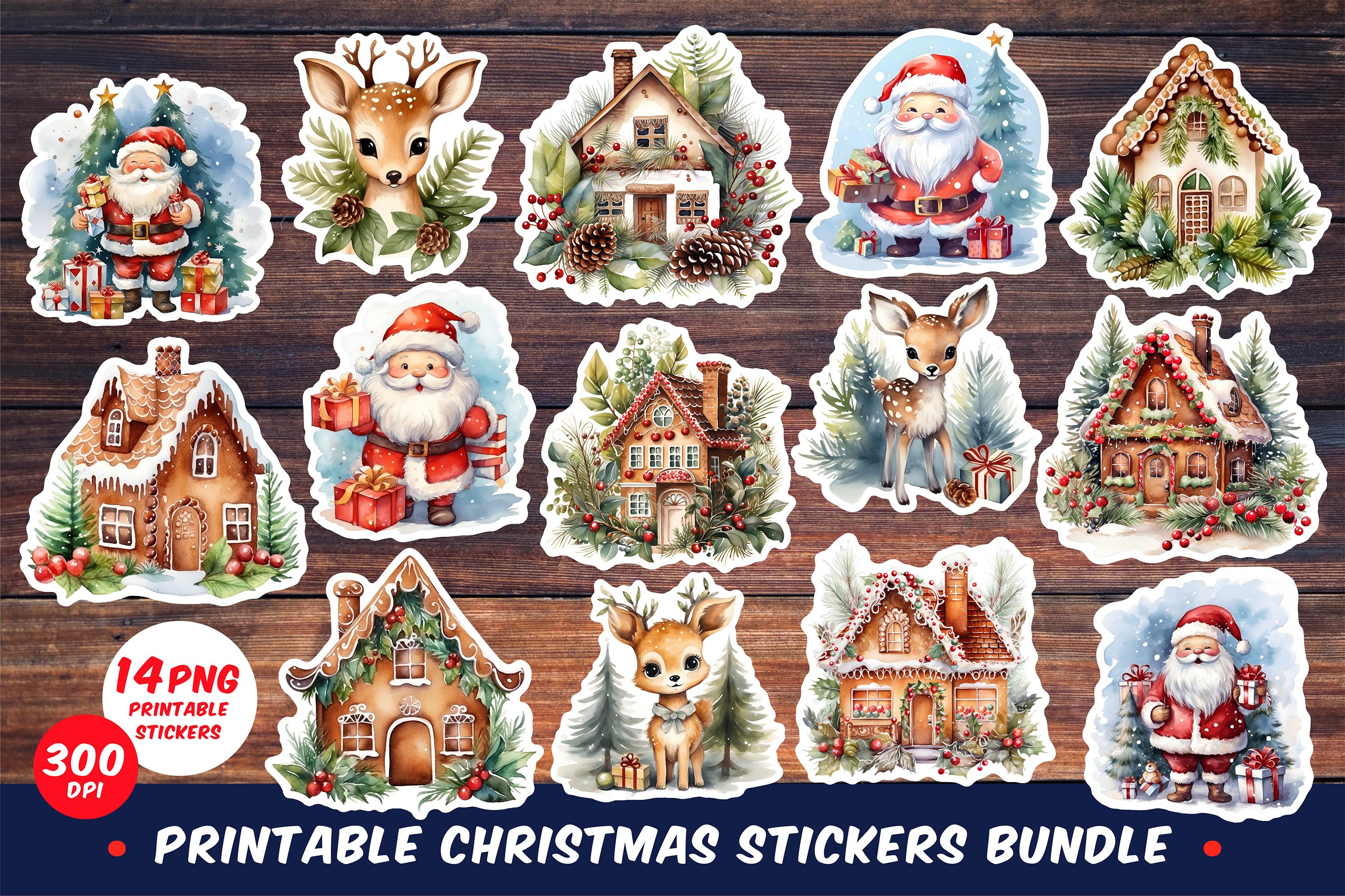 Printable Christmas Stickers Bog Bundle | 14 PNG