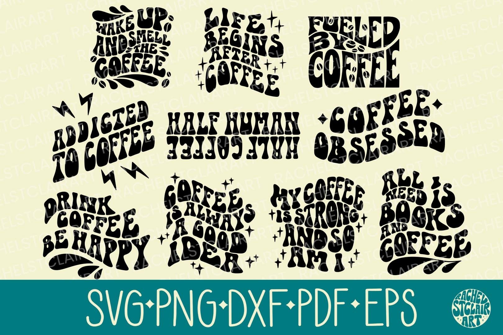 Retro Coffee Quotes SVG Bundle, Groovy 70s - 10 designs