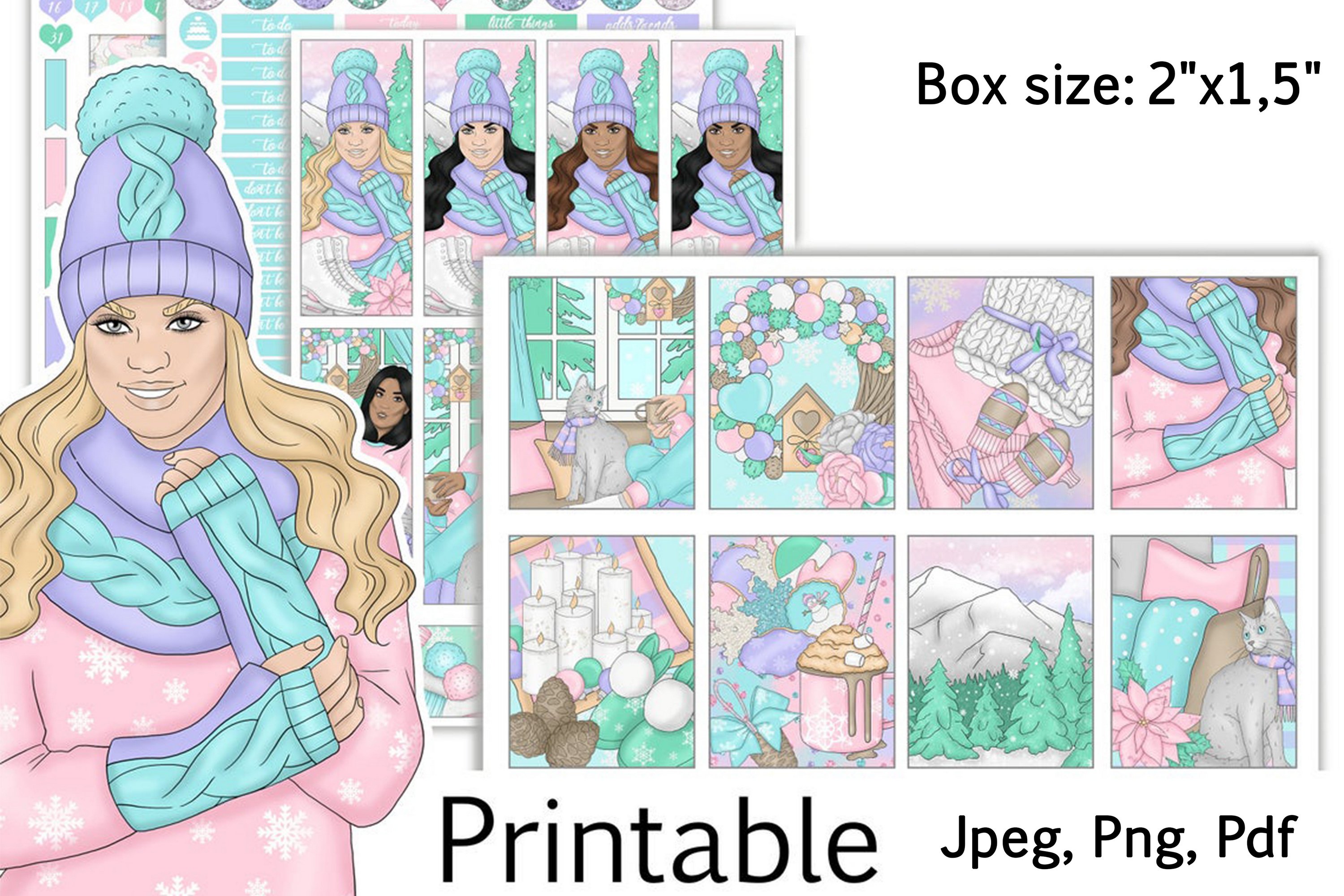 Cozy Winter Sweet Printable Stickers Box Size 2"x1,5"
