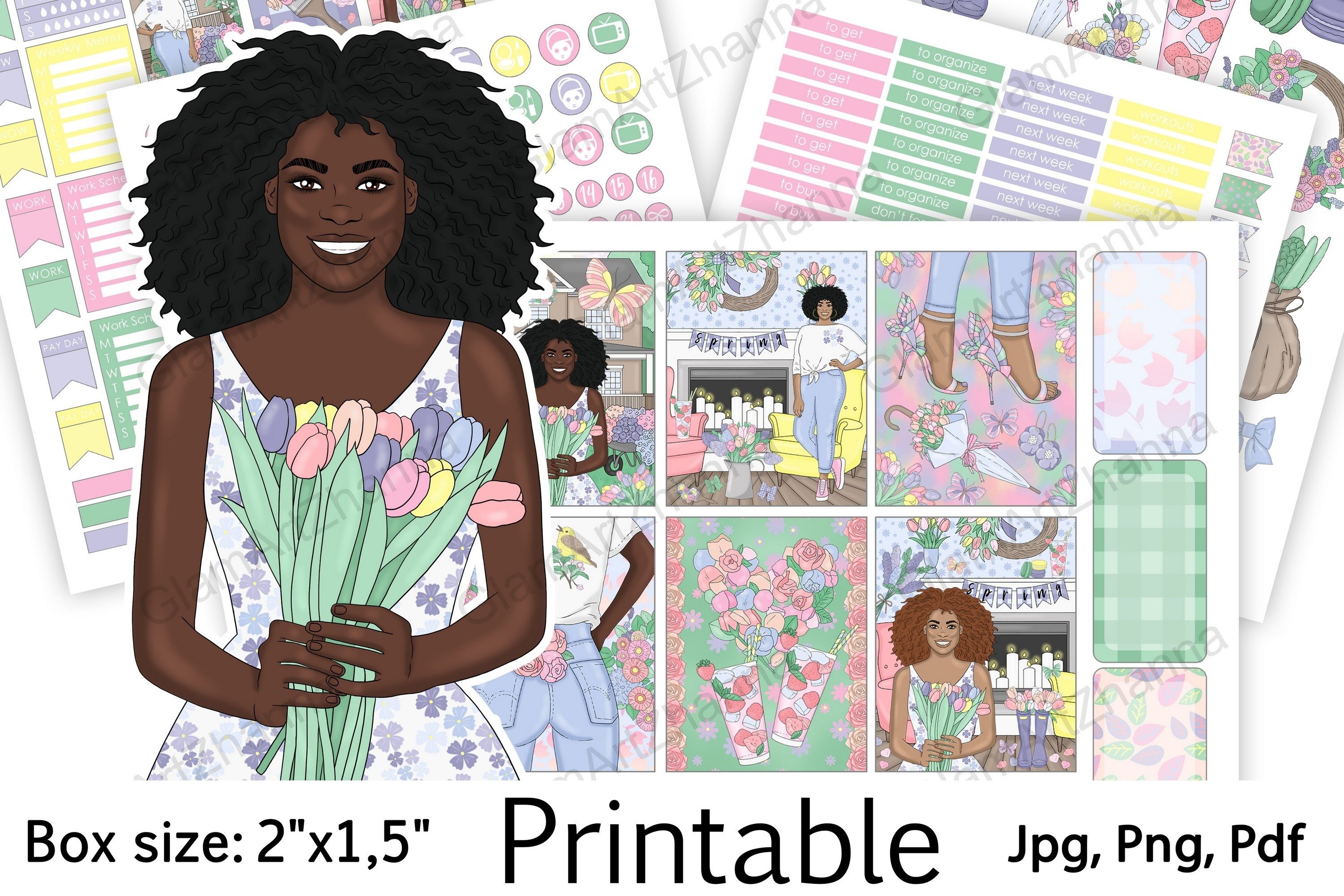 African American Spring Printable Stickers Box Size 2"x1,5"