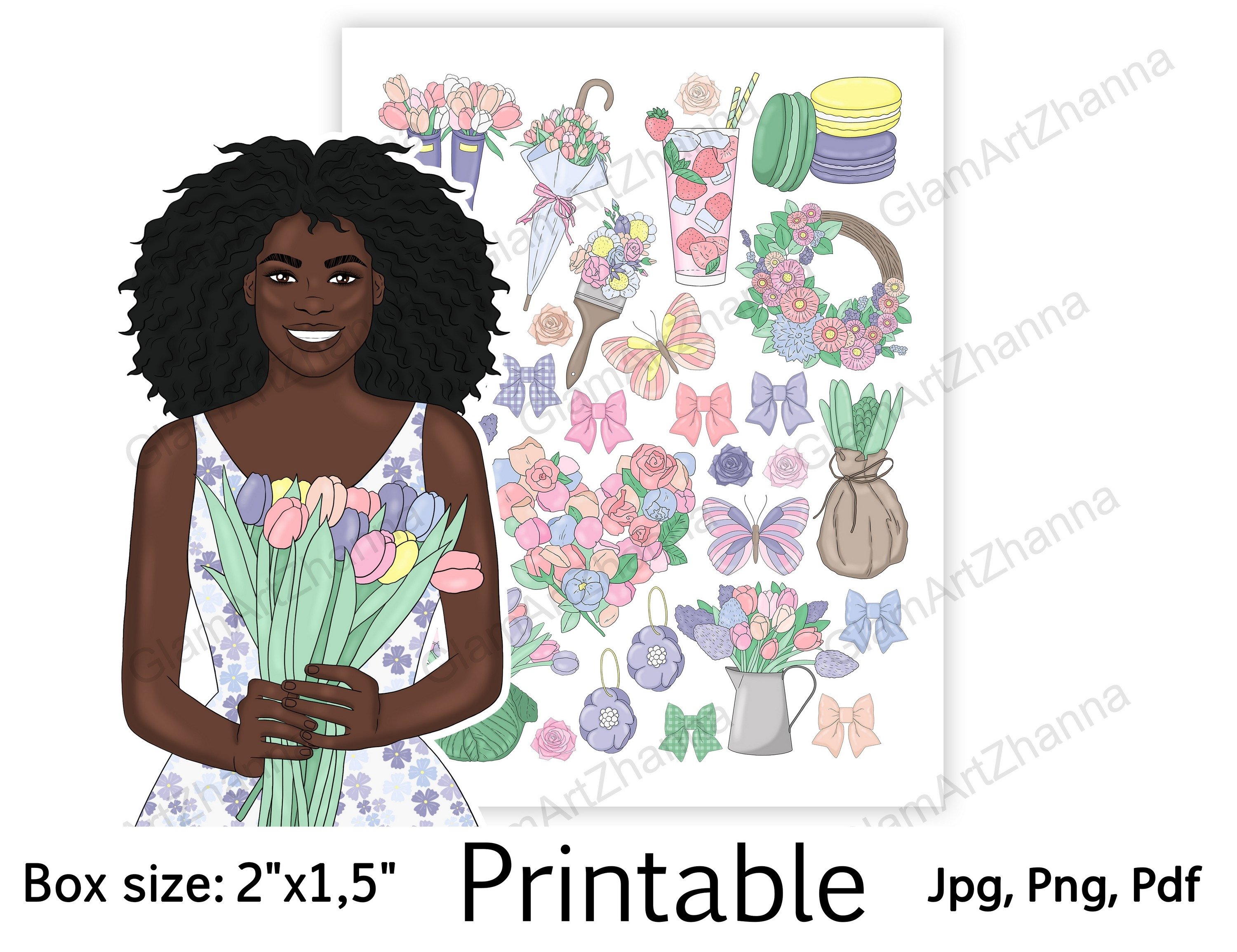 African American Spring Printable Stickers Box Size 2"x1,5" 2