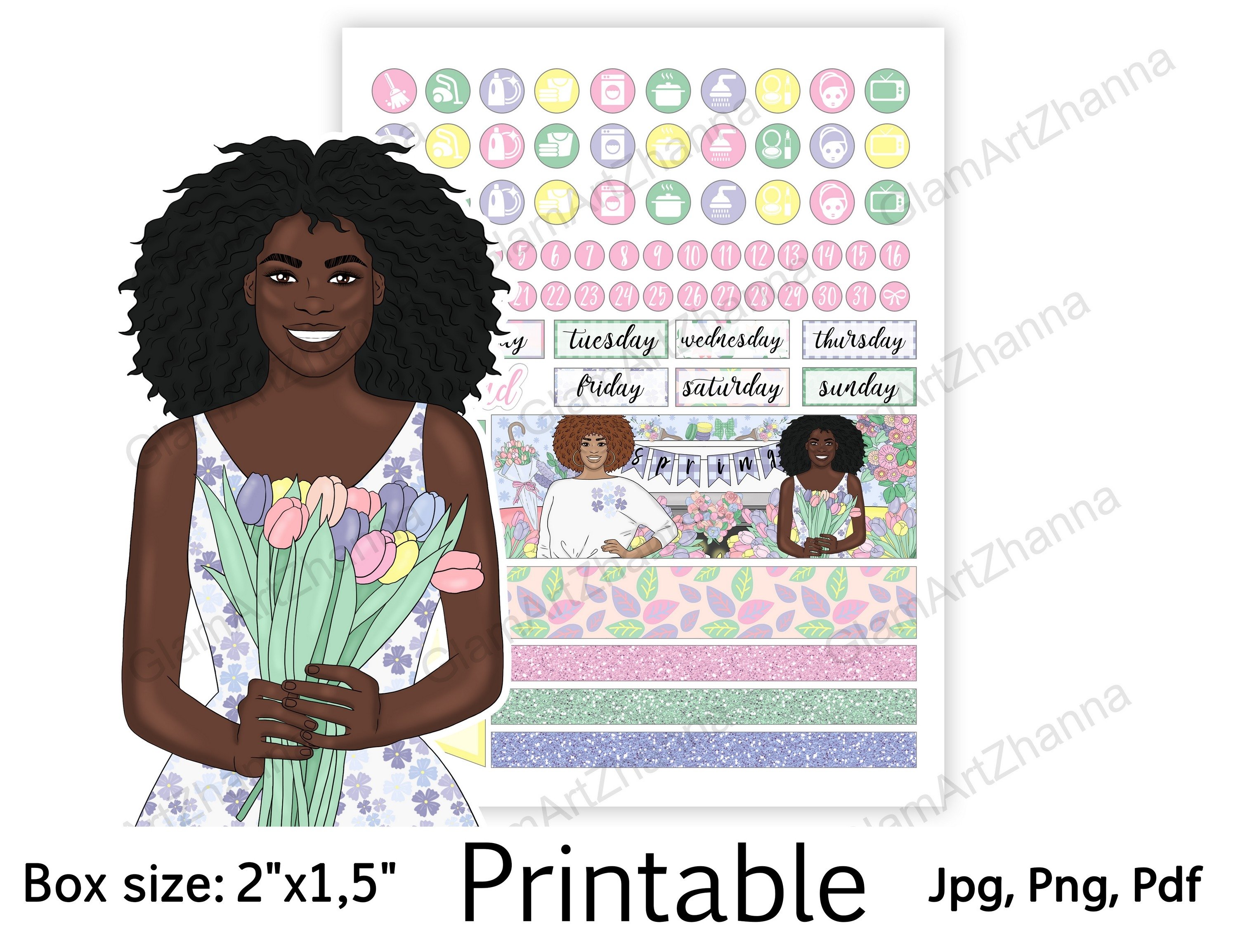 African American Spring Printable Stickers Box Size 2"x1,5" 3