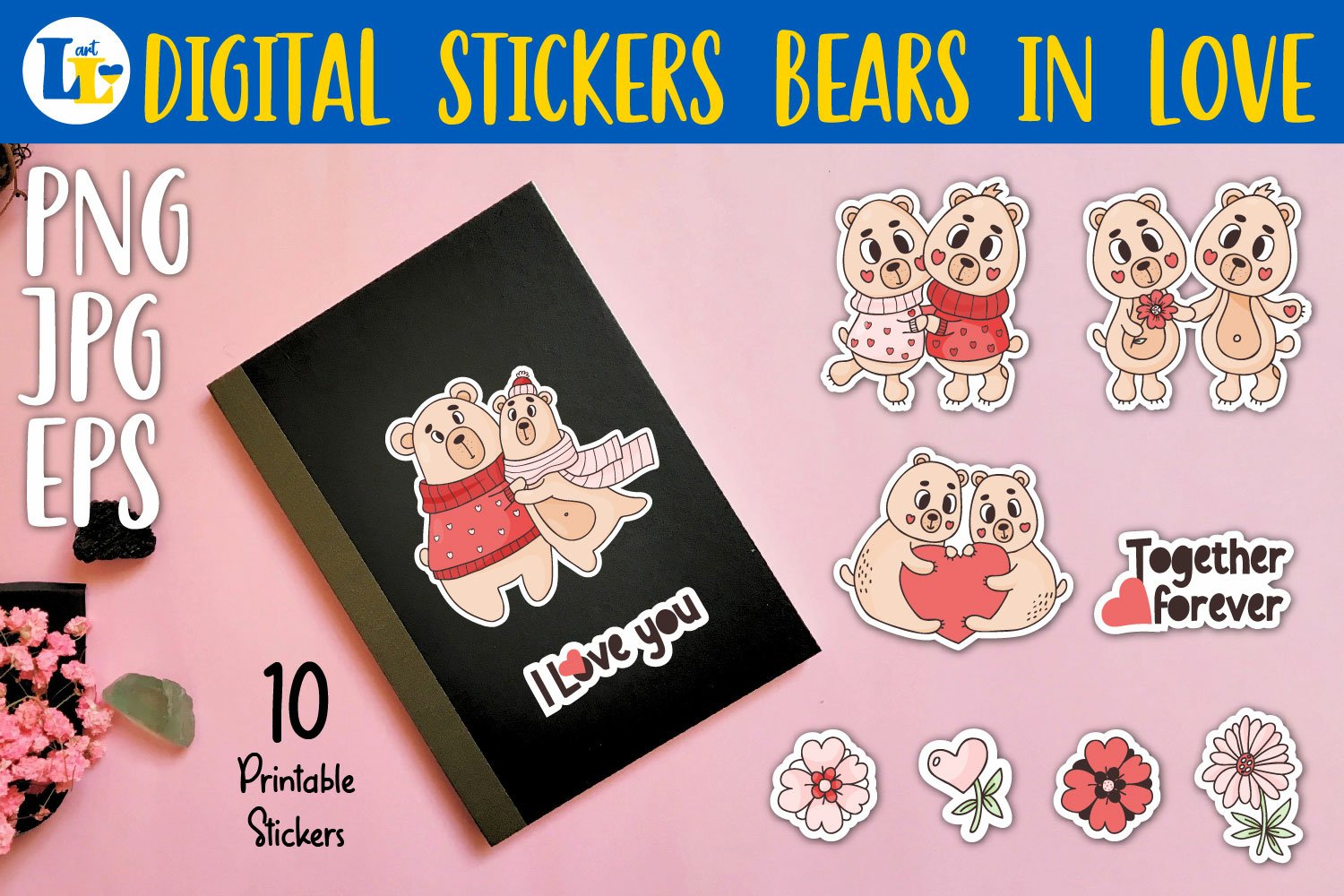 Cute in love Bears|Printable digital sticker. Cool valentine
