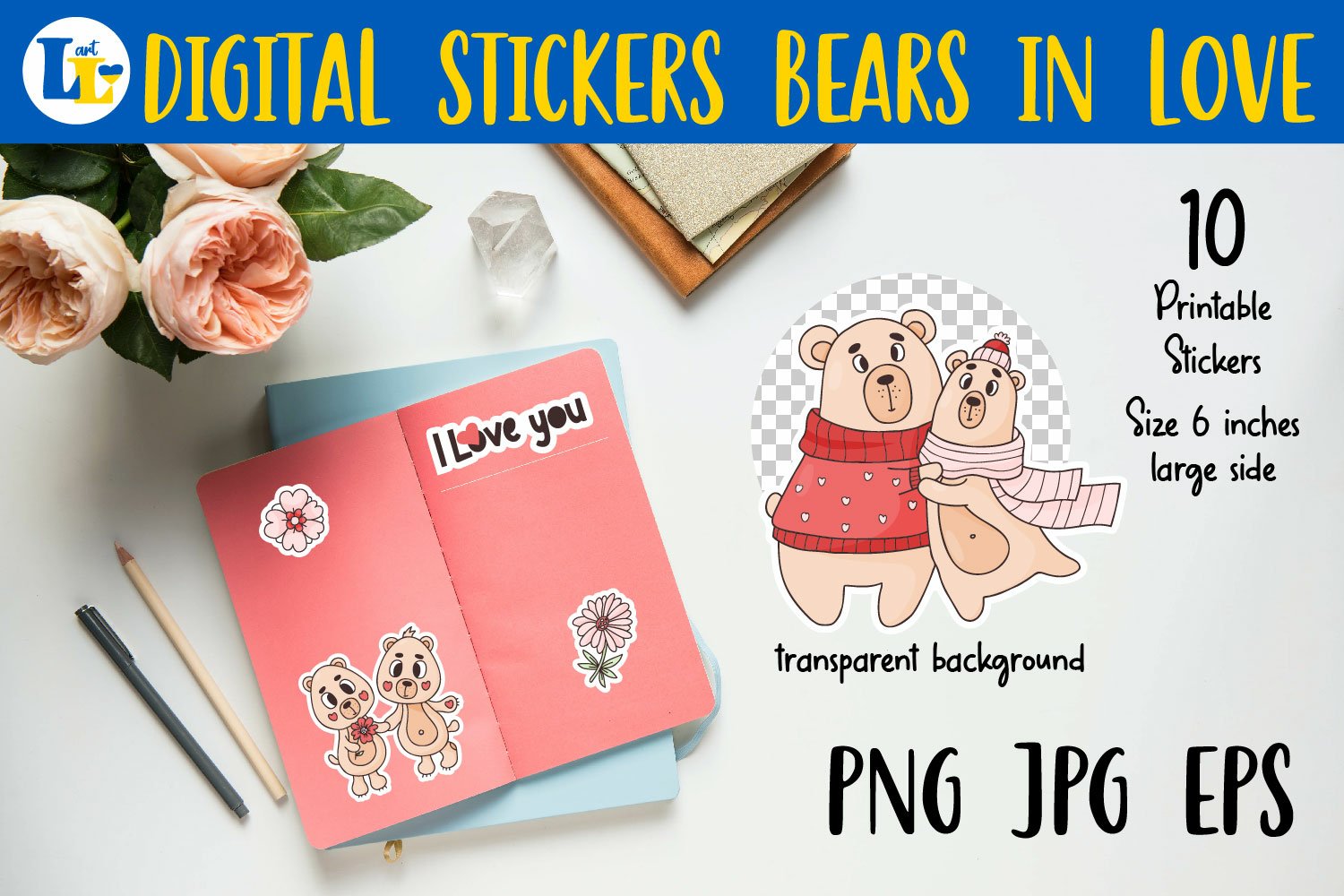 Cute in love Bears|Printable digital sticker. Cool valentine 2