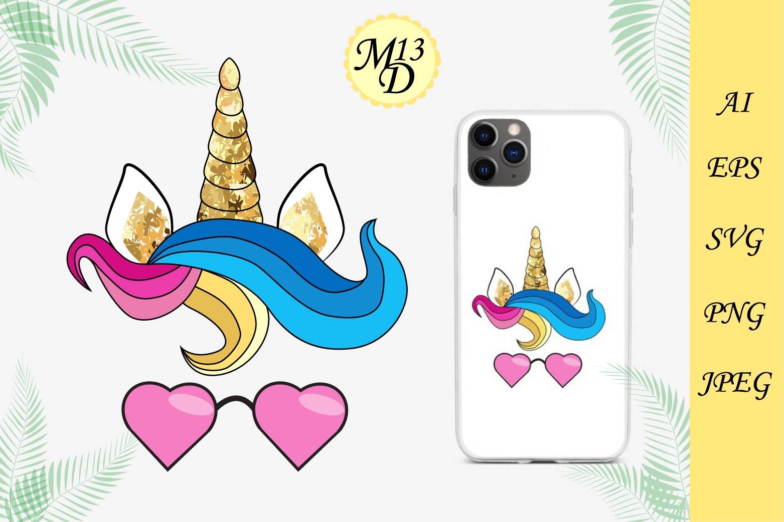 4 Unicorn face with bangs, gold horn and sunglasses