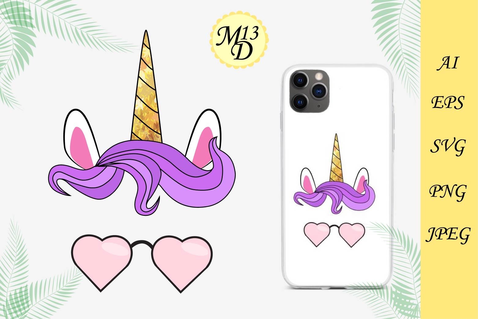 4 Unicorn face with bangs, gold horn and sunglasses 2