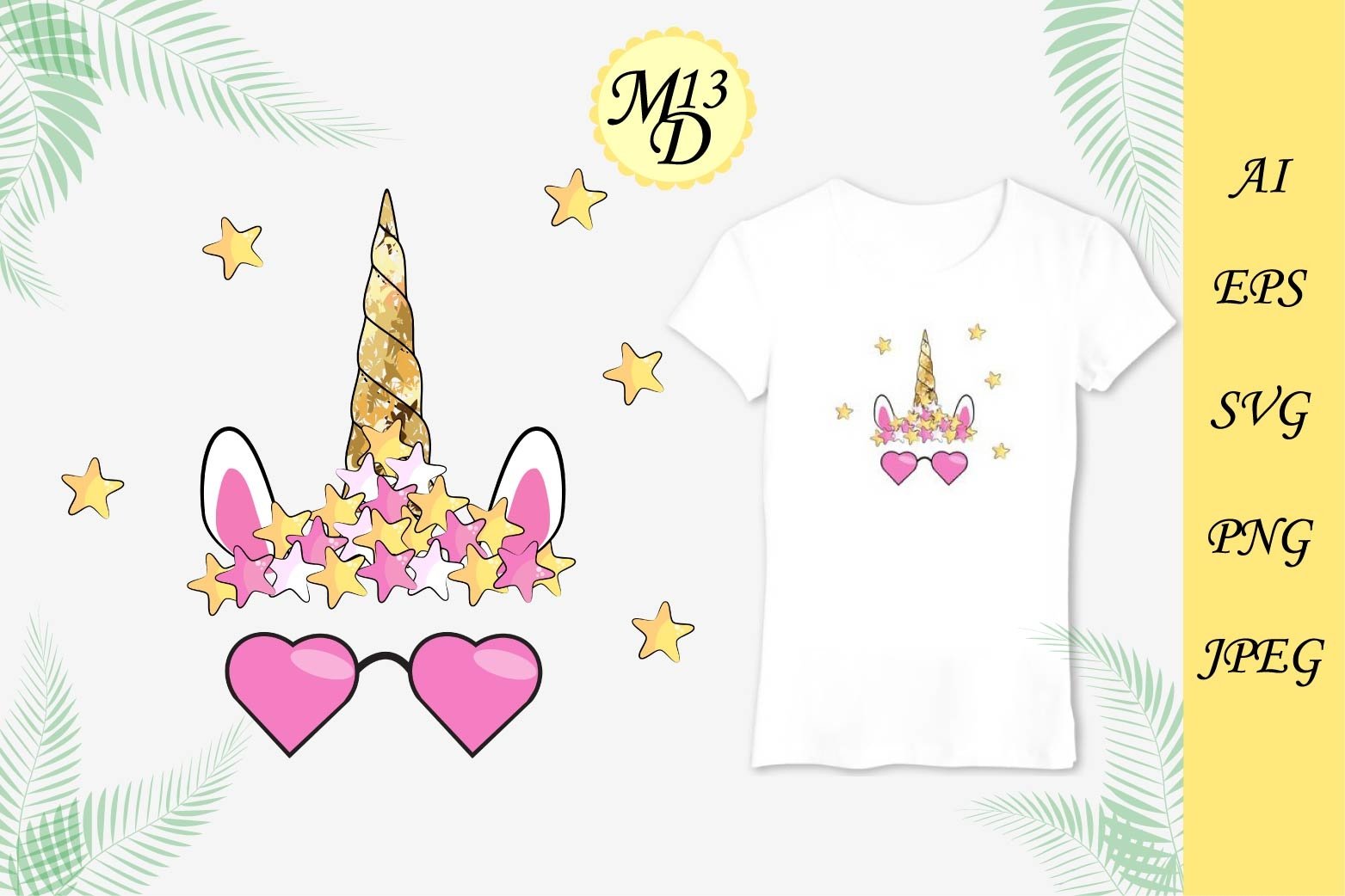4 Unicorn face with bangs, gold horn and sunglasses 3