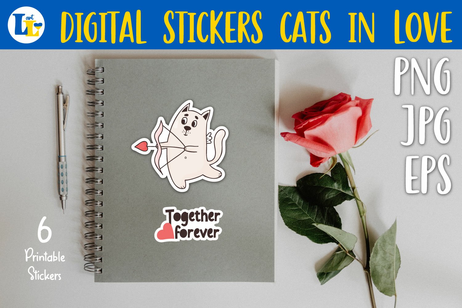 Cute in love pets cats| Printable digital sticker. valentine 3
