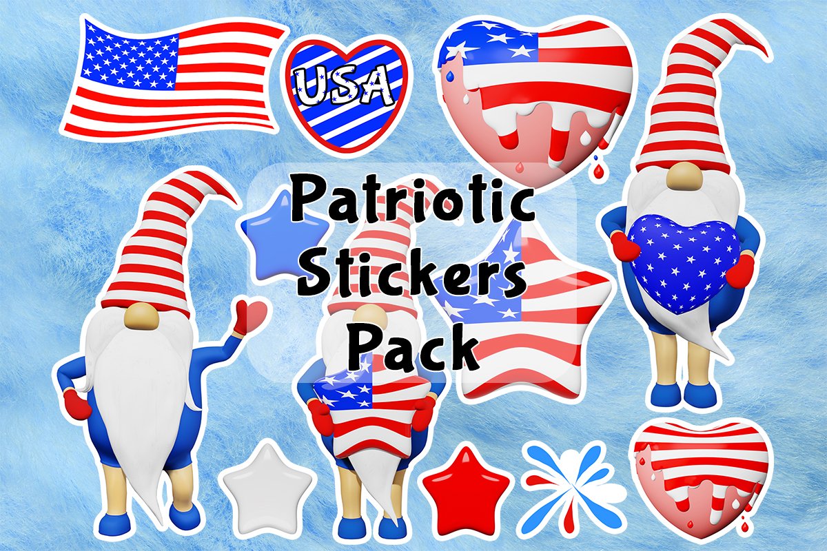 4 July USA Independence Day Patriotic Gnome 12 Stickers Pack
