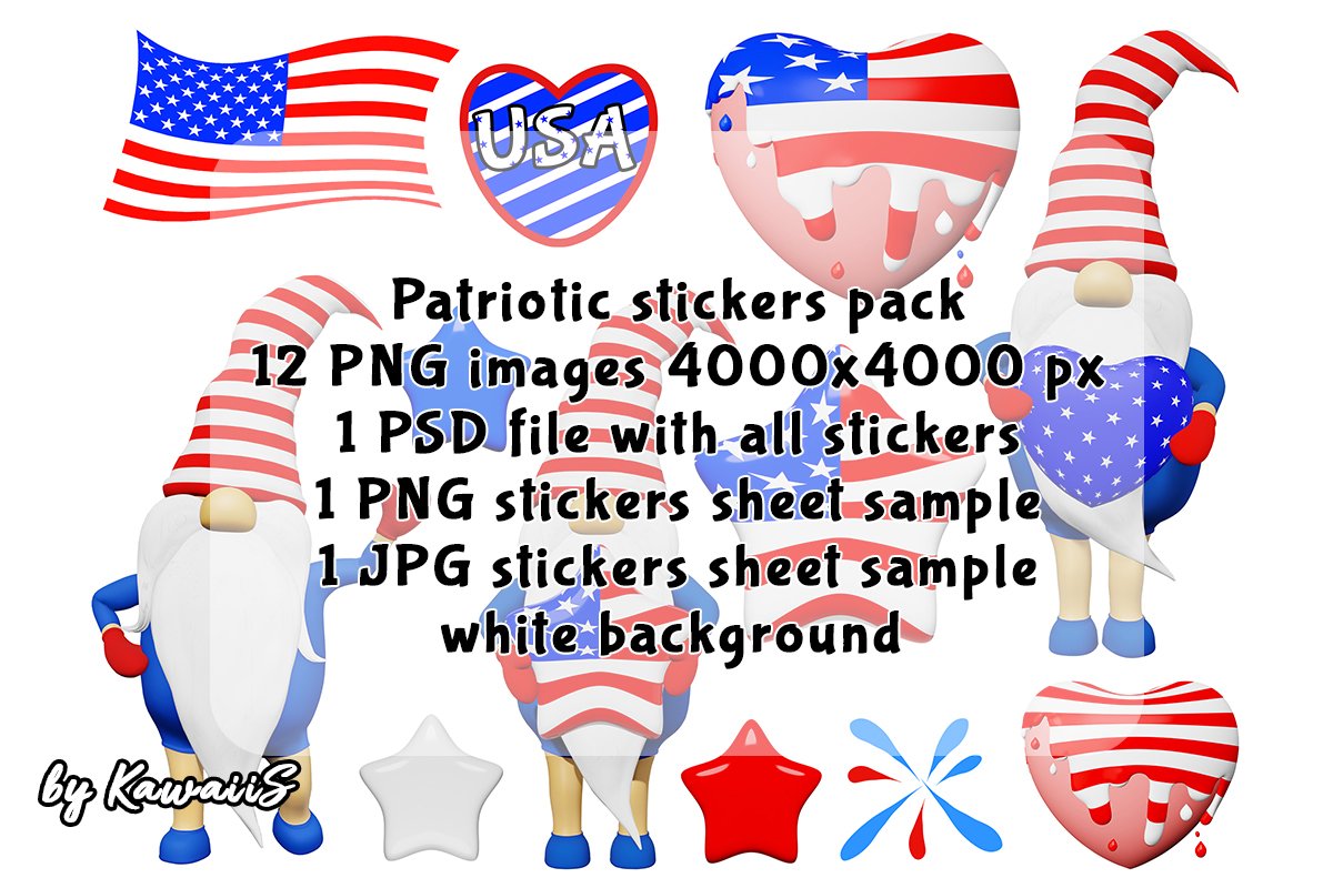 4 July USA Independence Day Patriotic Gnome 12 Stickers Pack 2